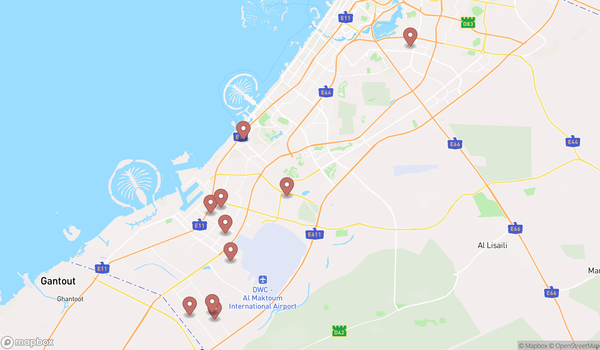 Map showing the ranked steel distributors in Dubai, Dubai