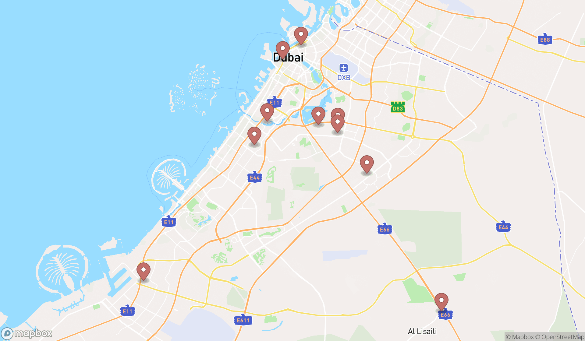 Map showing the ranked steel framework contractors in Dubai, Dubai