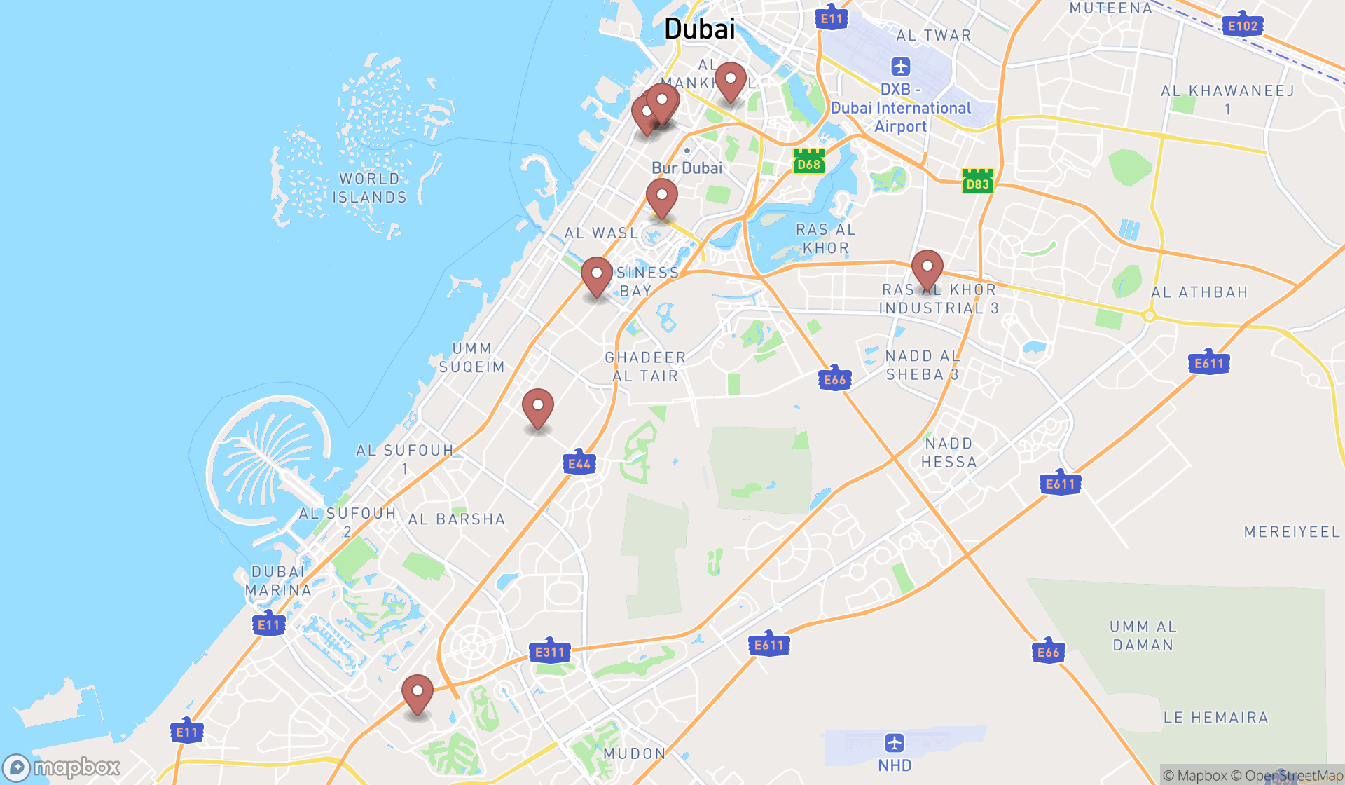 Map showing the ranked stores and shoppings in Dubai, Dubai