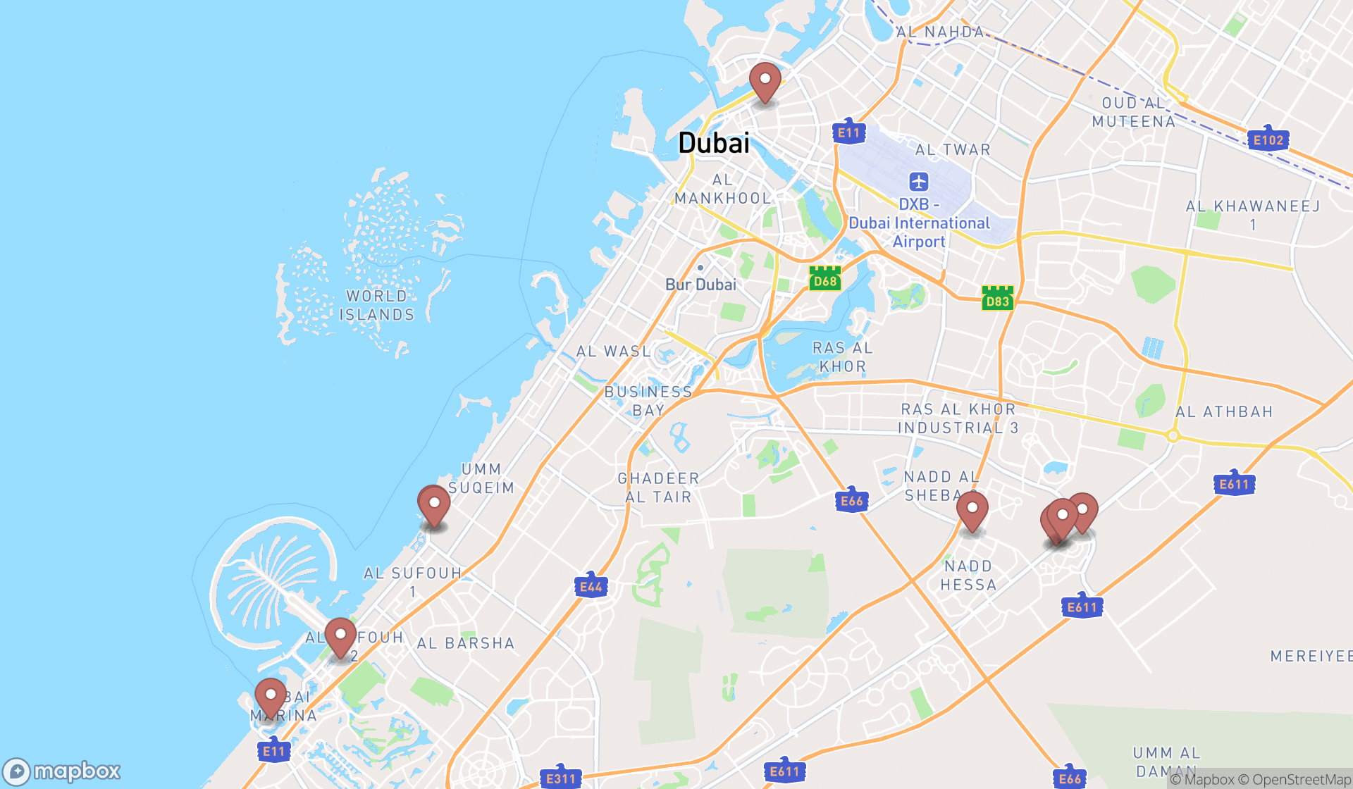 Map showing the ranked student dormitories in Dubai, Dubai