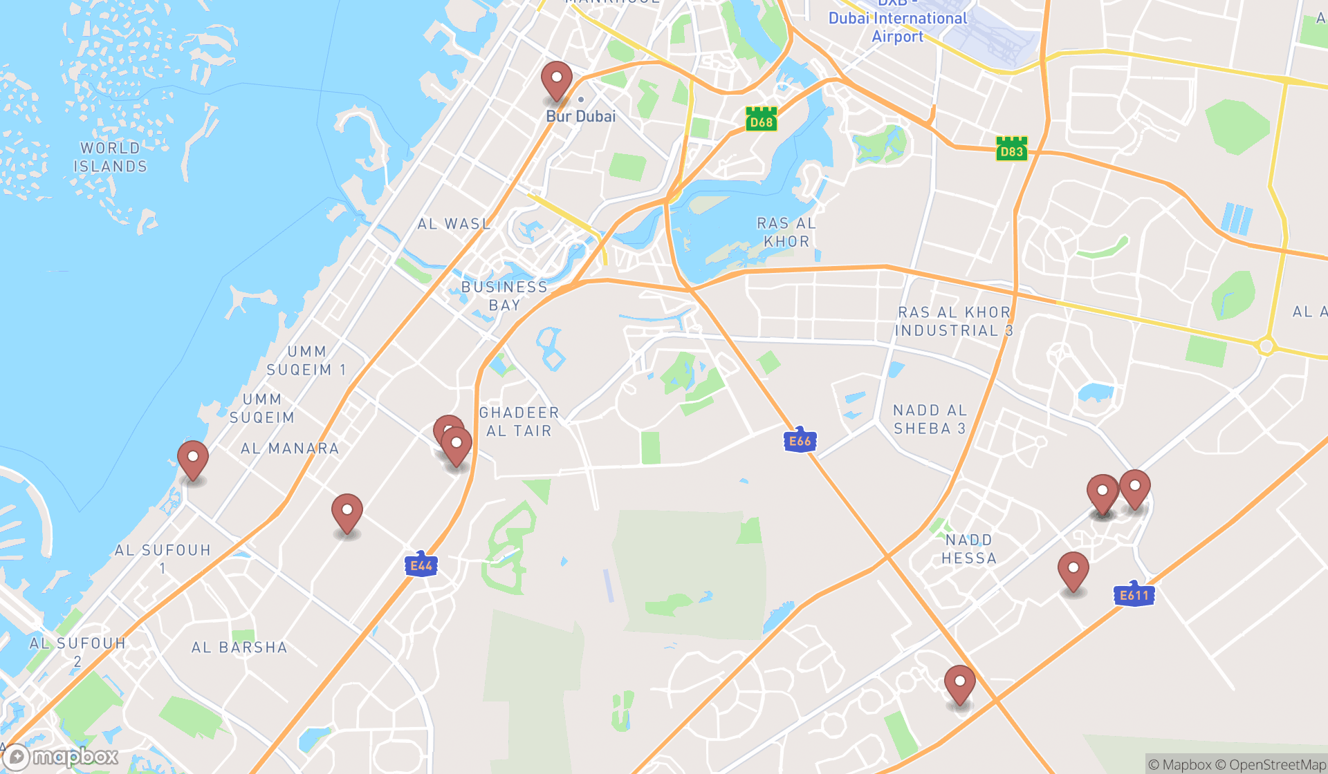 Map showing the ranked student housing centers in Dubai, Dubai