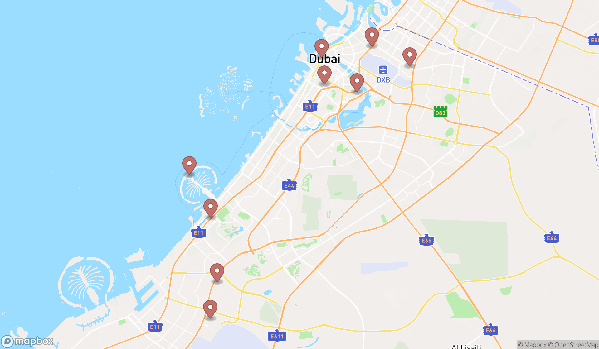 Map showing the ranked suburban train lines in Dubai, Dubai