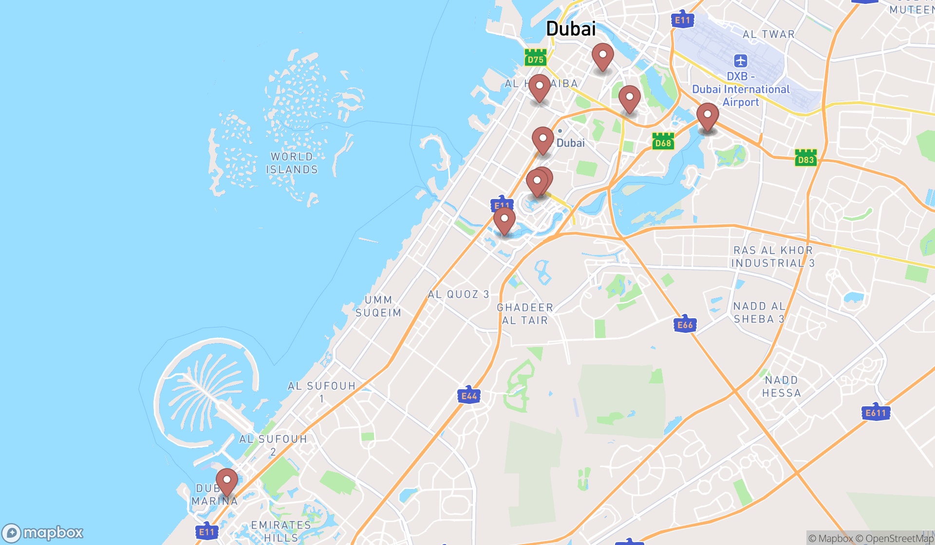 Map showing the ranked sunglasses stores in Dubai, Dubai