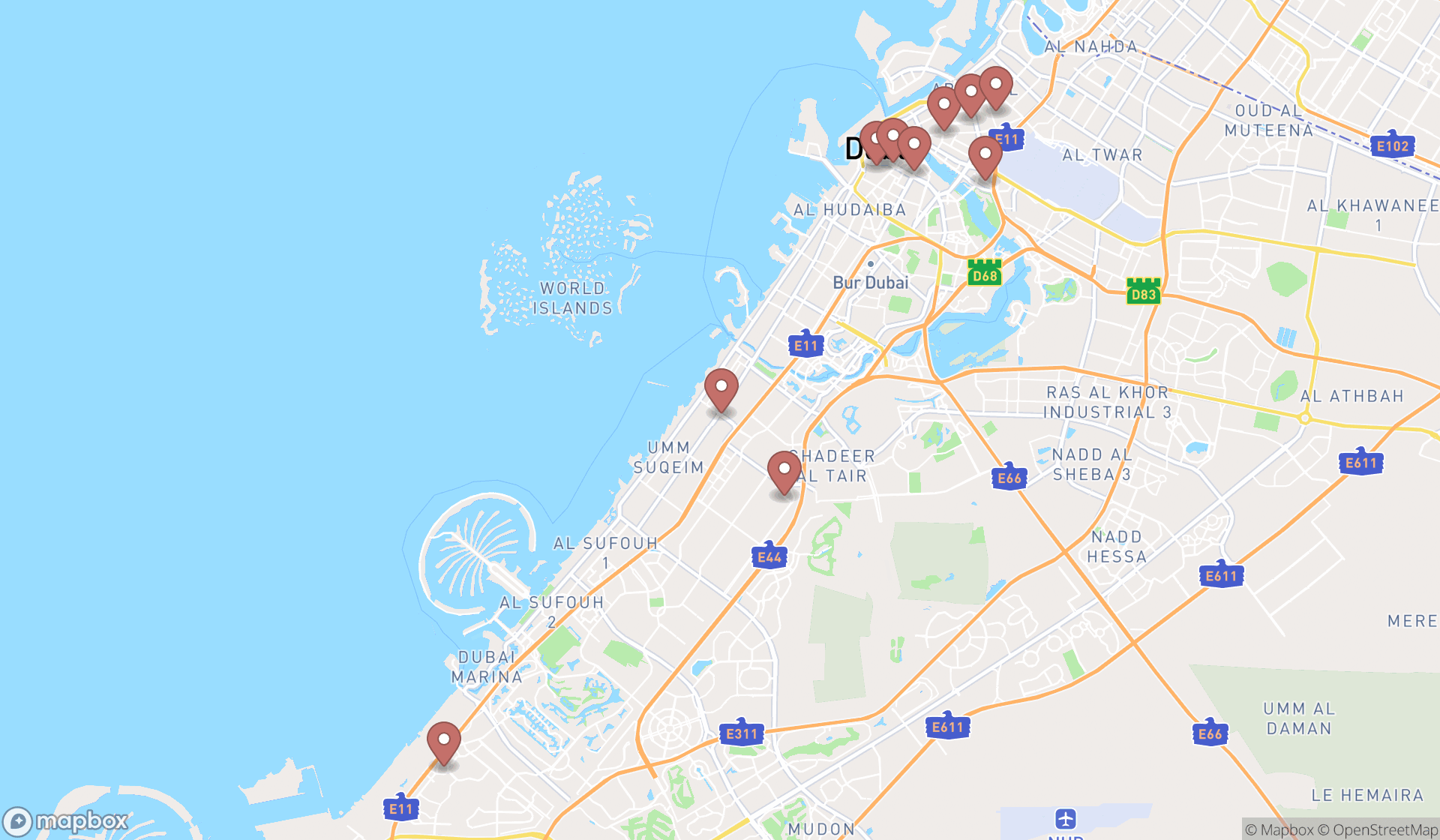 Map showing the ranked supermarkets in Dubai, Dubai