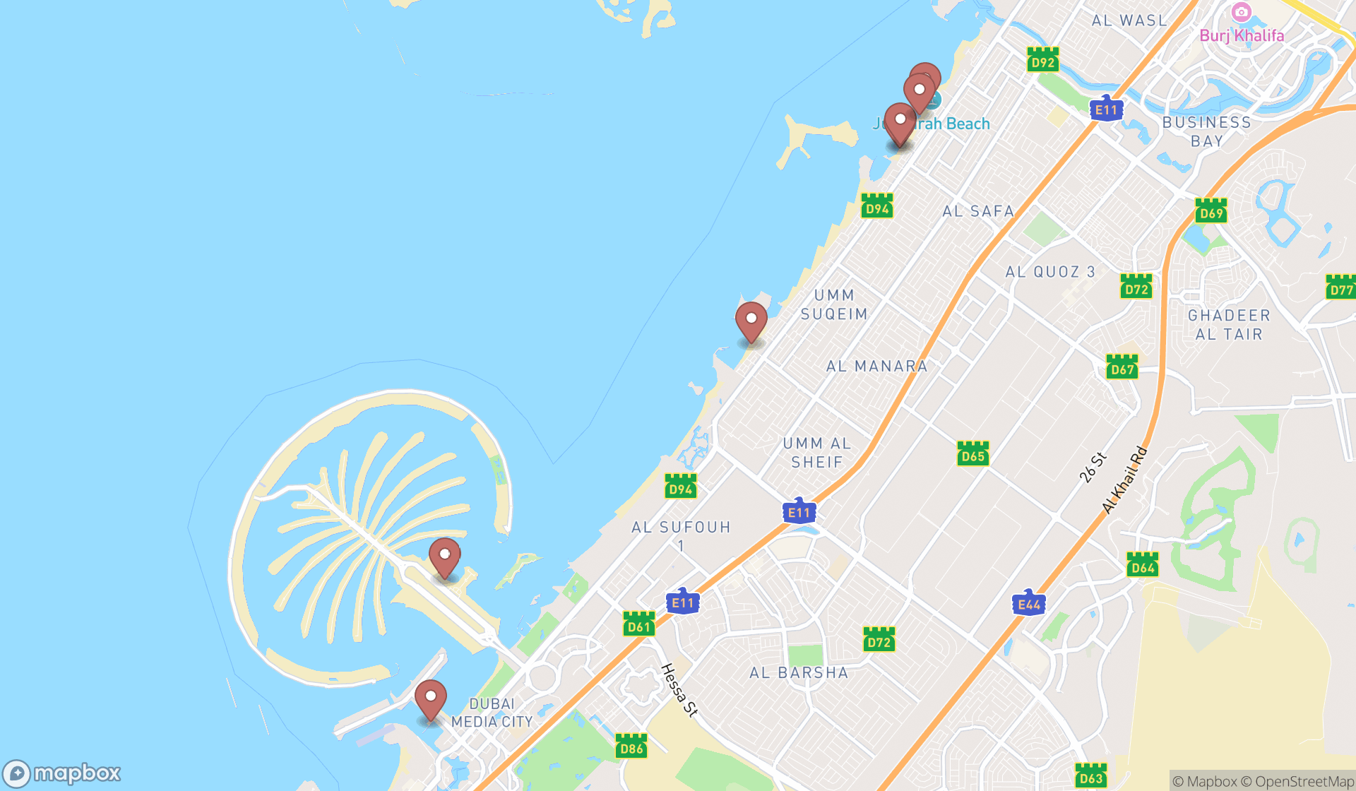 Map showing the ranked surf lifesaving clubs in Dubai, Dubai