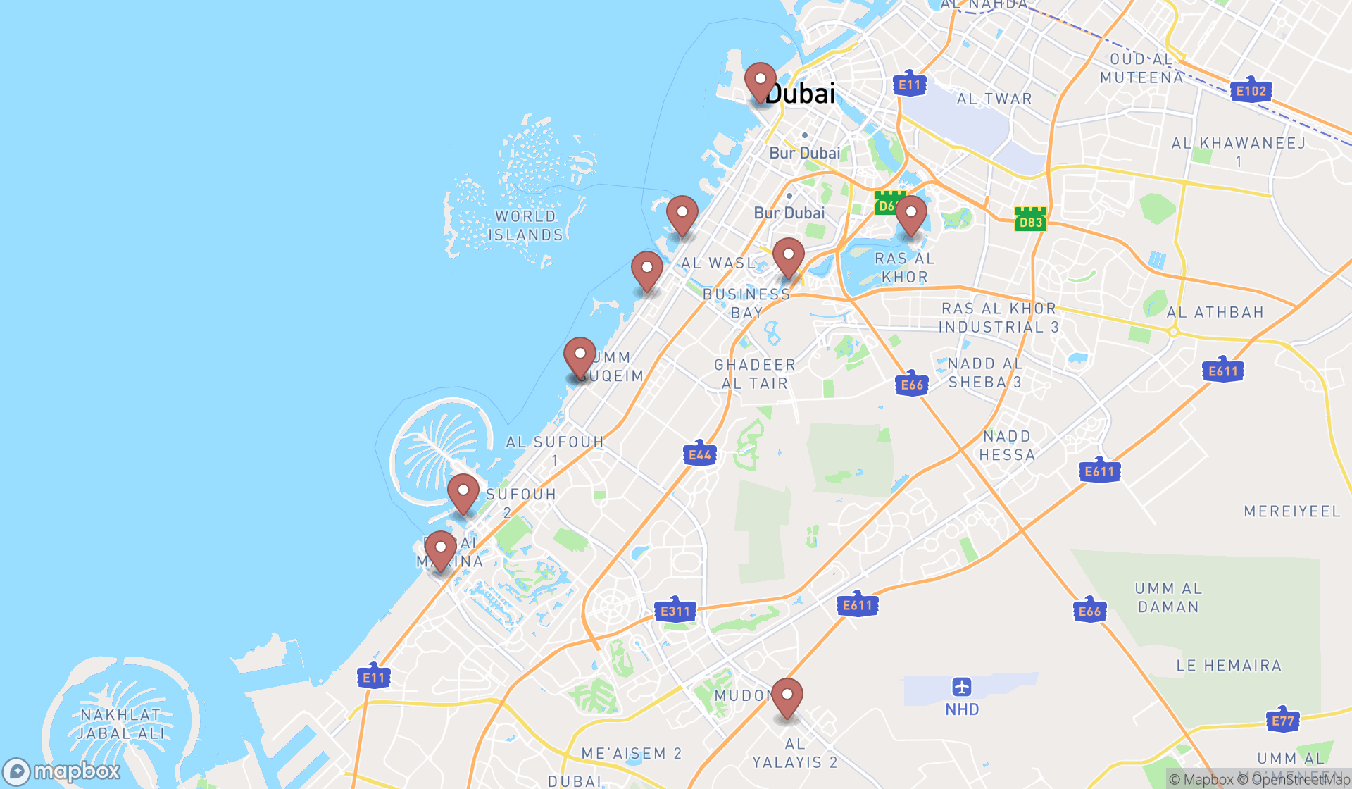 Map showing the ranked surf schools in Dubai, Dubai