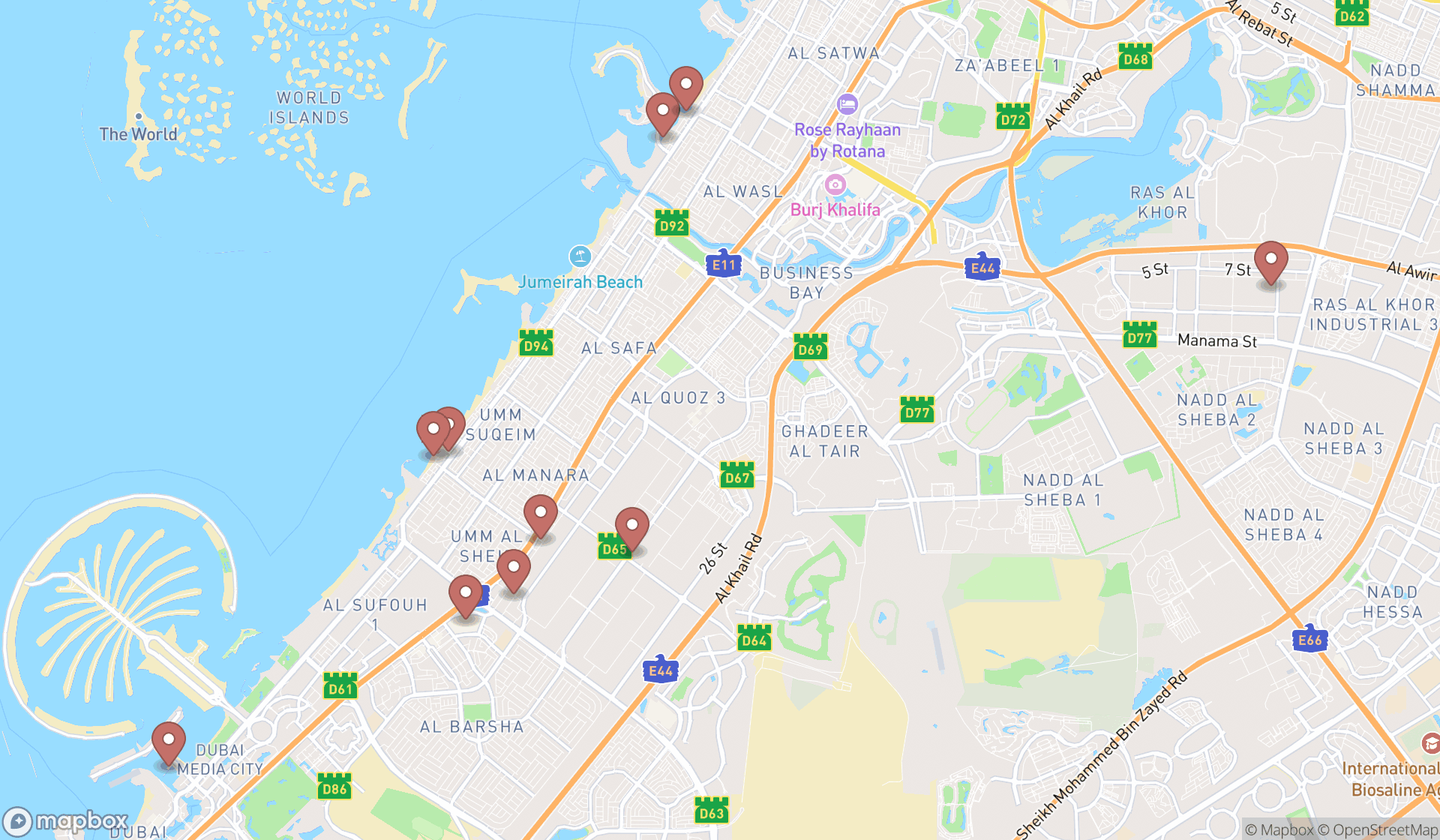 Map showing the ranked surf shops in Dubai, Dubai