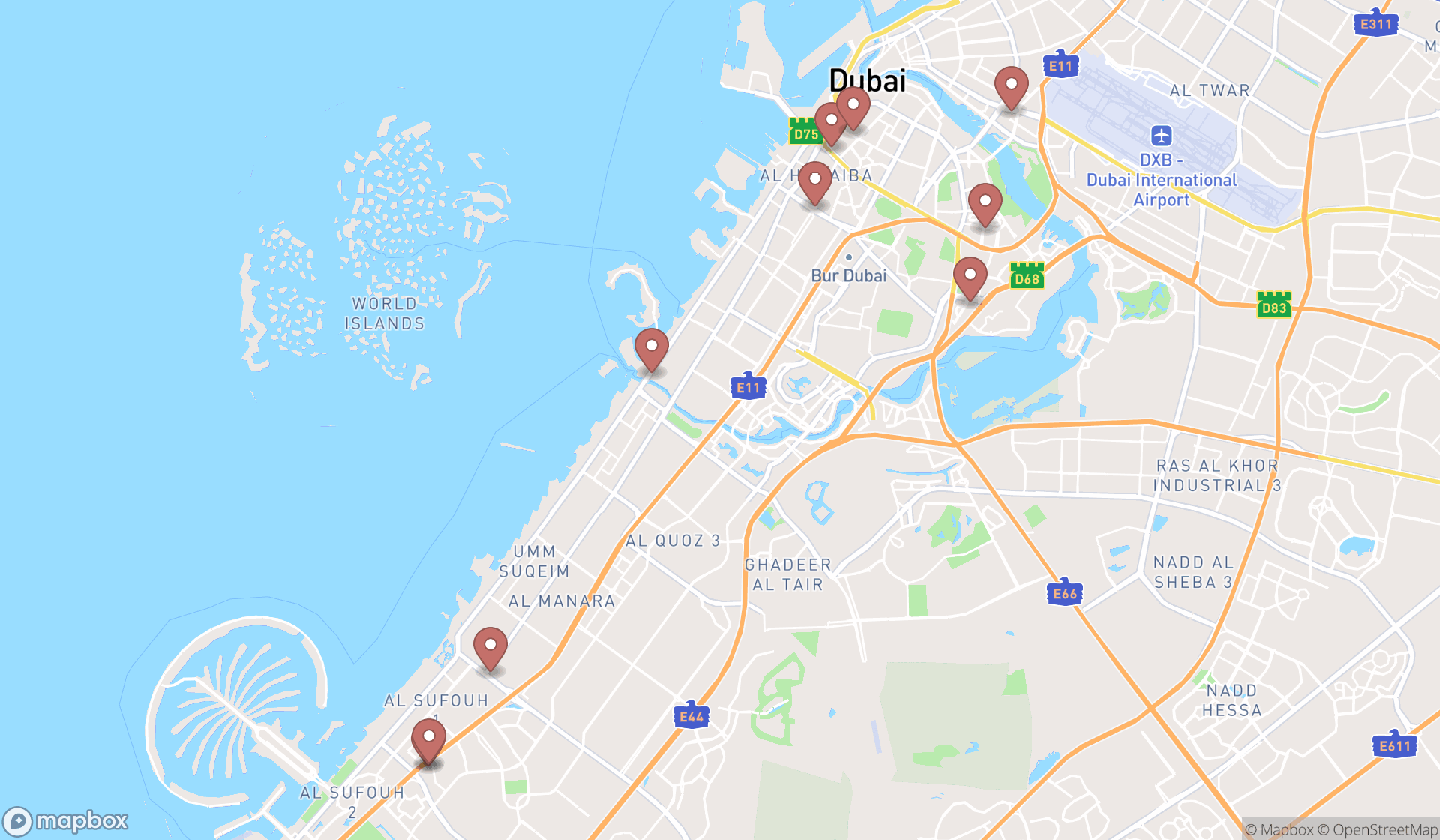 Map showing the ranked surgeons in Dubai, Dubai
