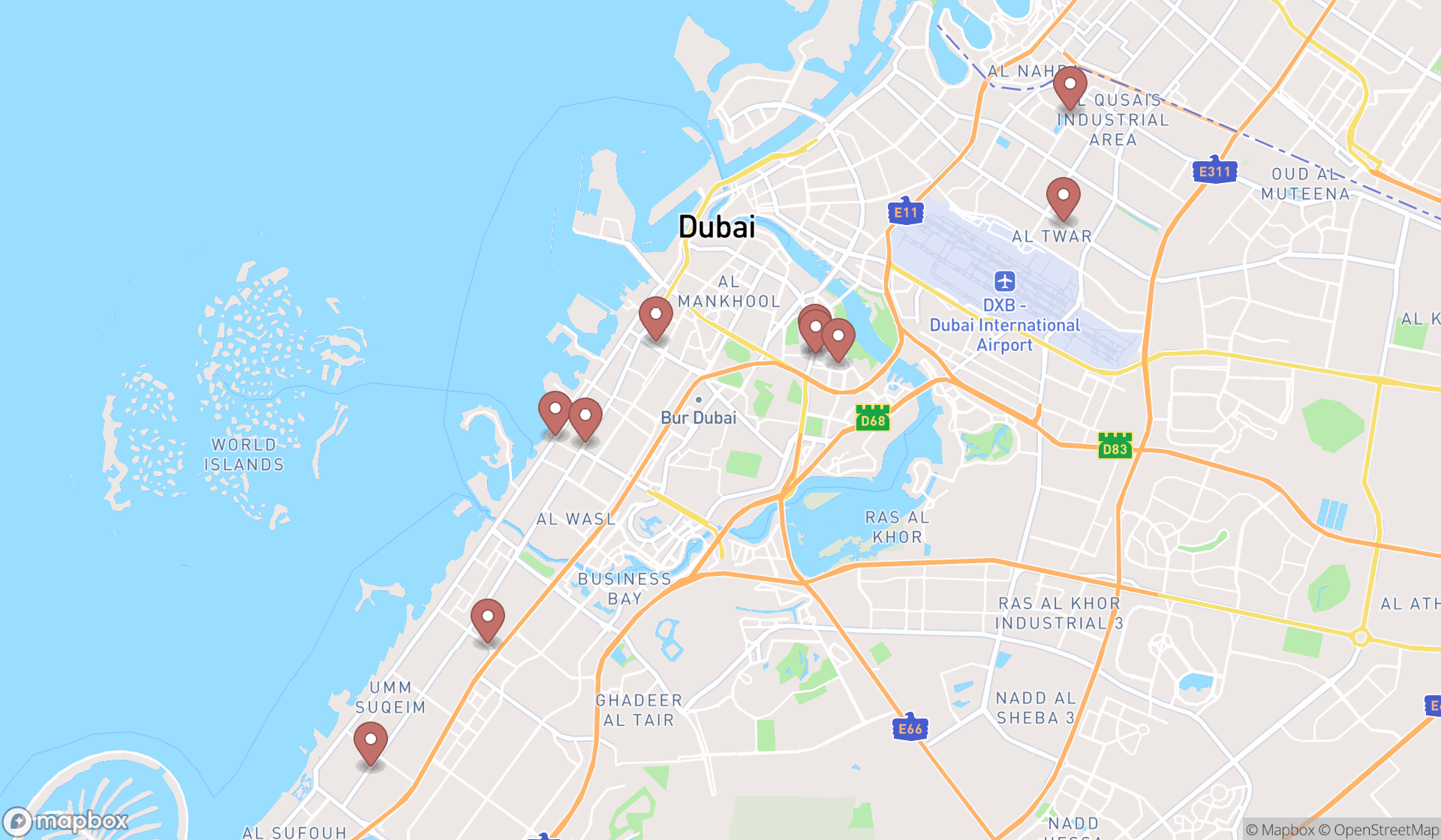 Map showing the ranked surgical centers in Dubai, Dubai