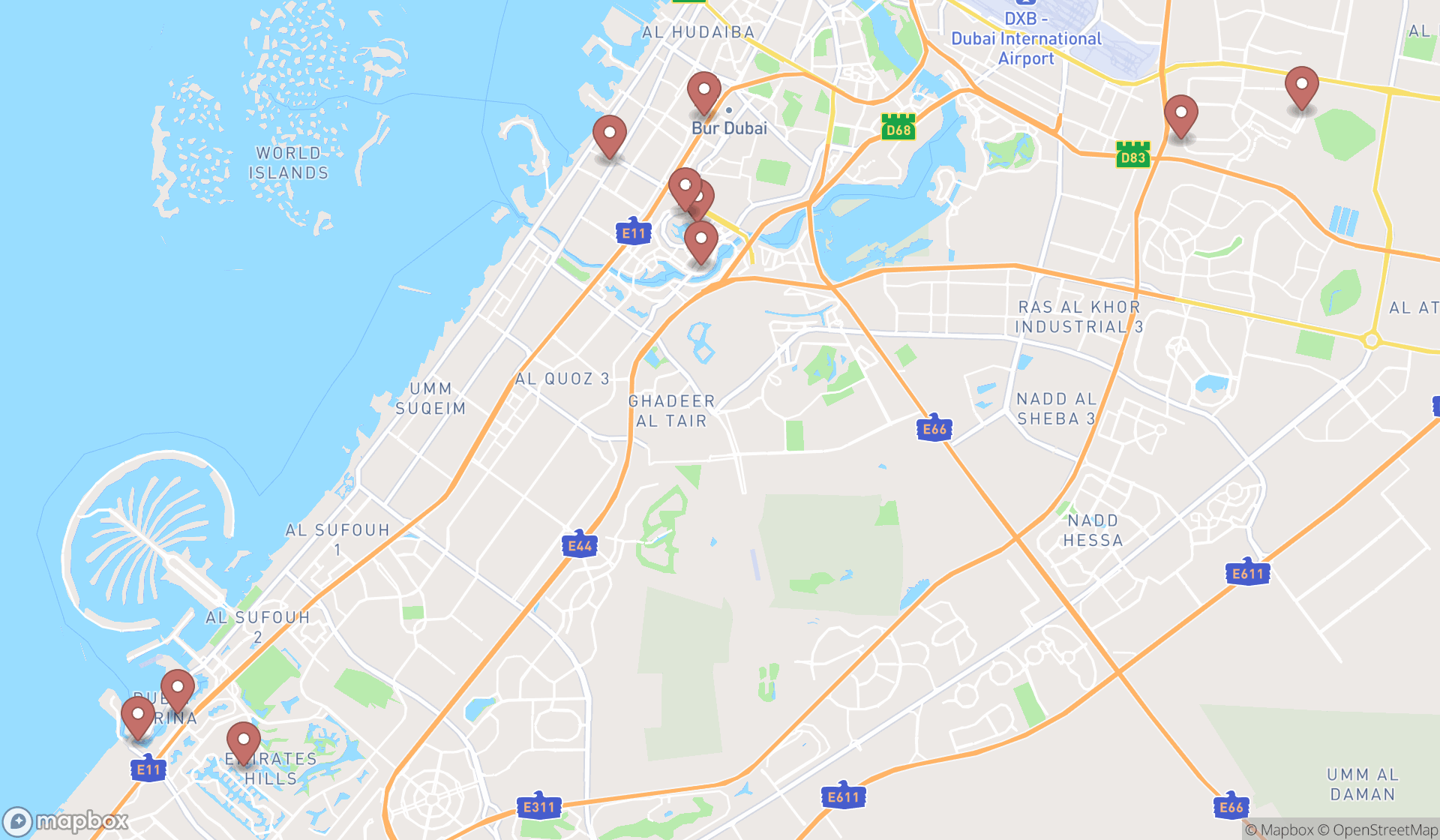 Map showing the ranked sushi restaurants in Dubai, Dubai