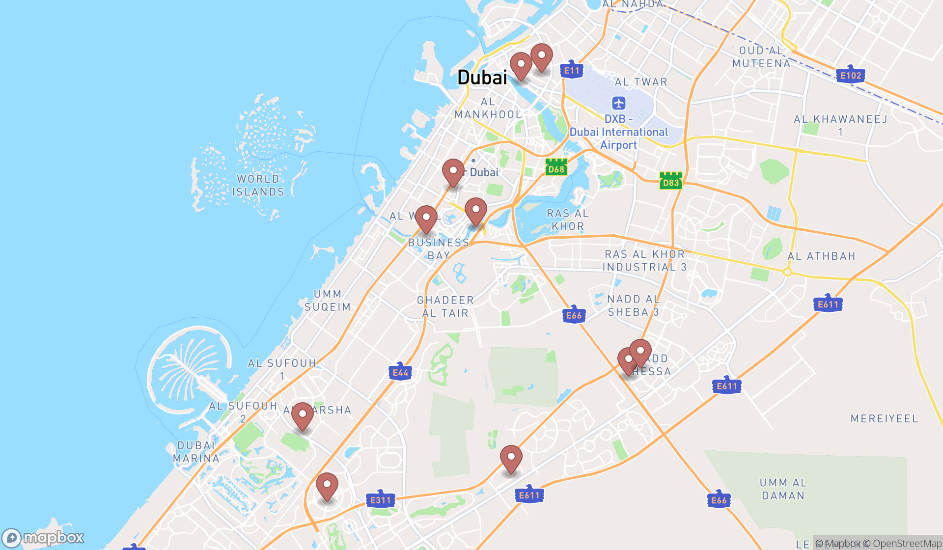 Map showing the ranked sushi takeaways in Dubai, Dubai