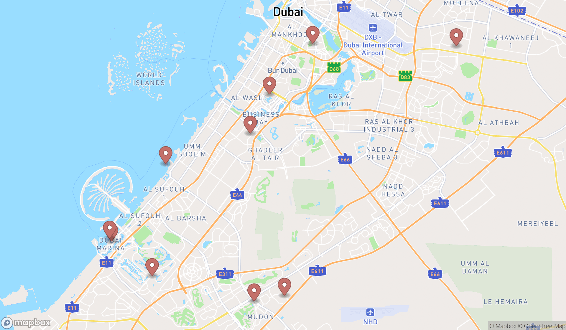 Map showing the ranked swimming facilities in Dubai, Dubai