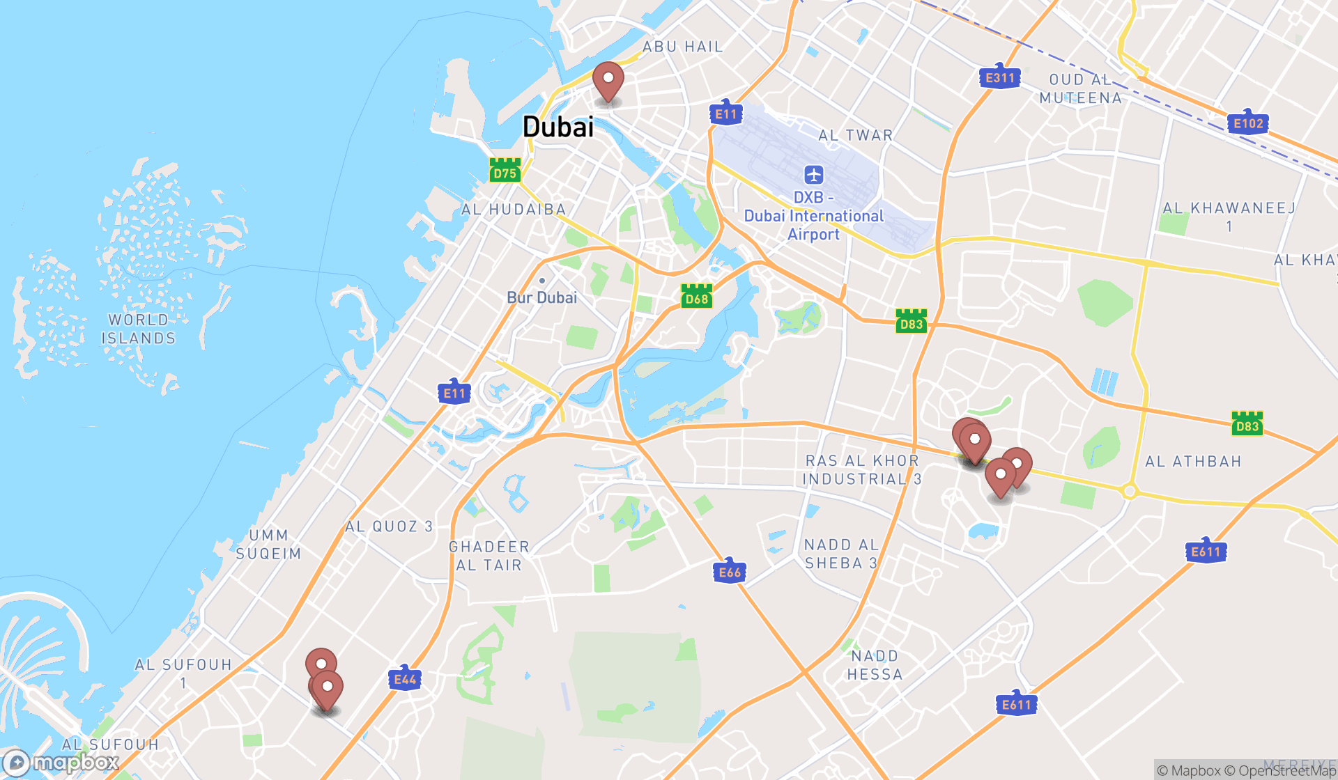 Map showing the ranked swimming pool supply stores in Dubai, Dubai