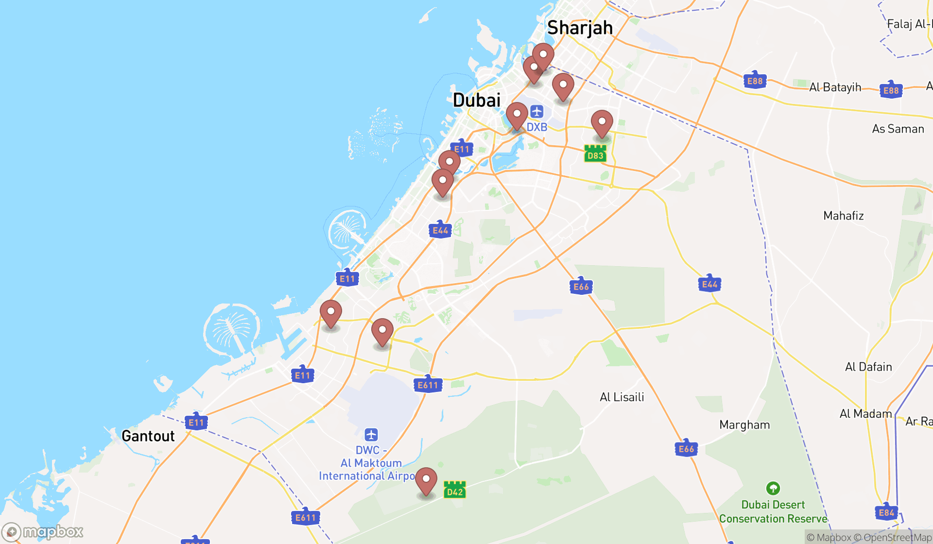 Map showing the ranked swimming pools in Dubai, Dubai