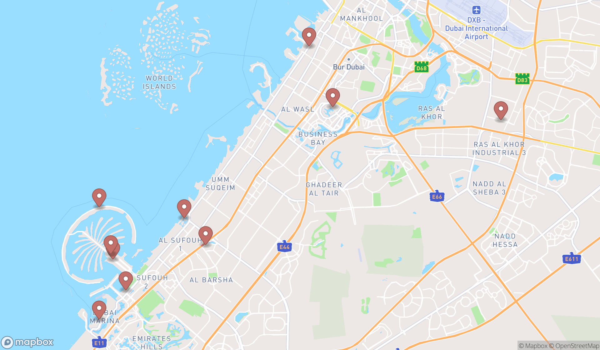 Map showing the ranked swimwear stores in Dubai, Dubai