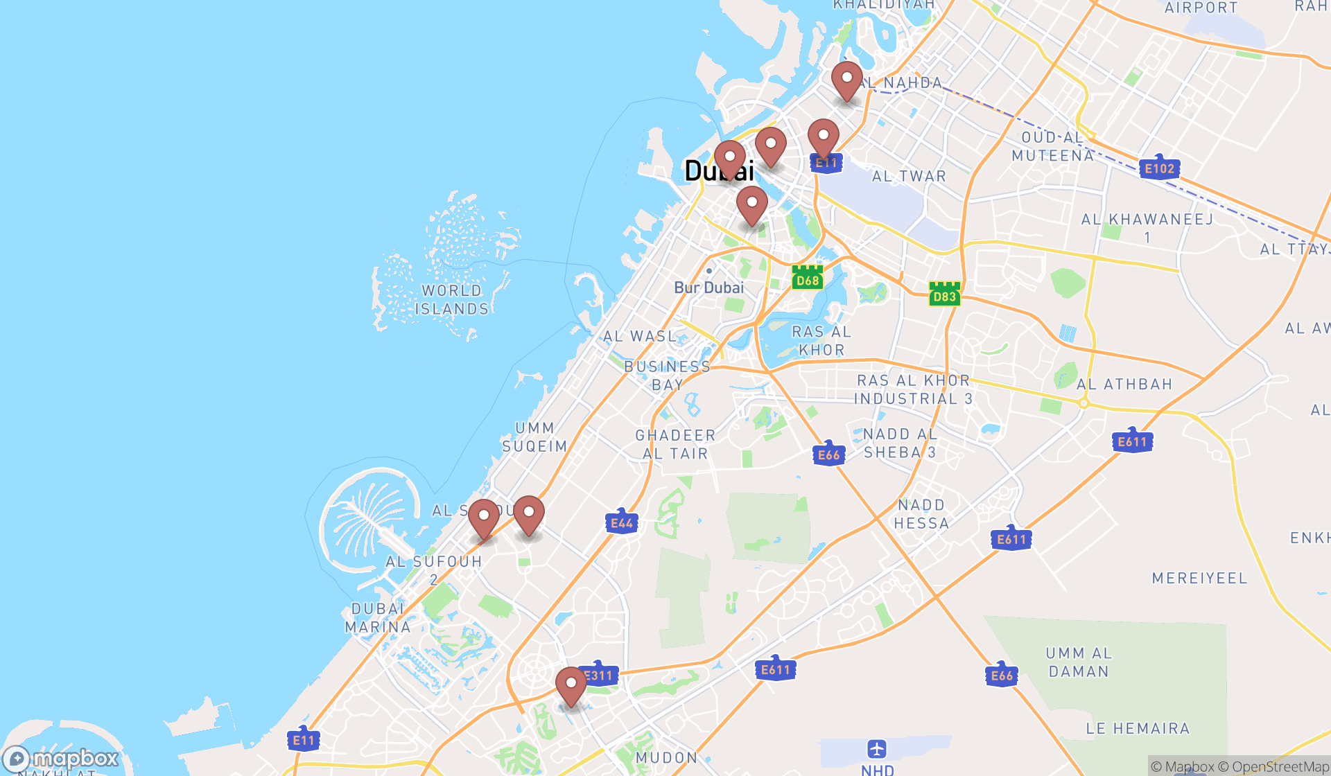 Map showing the ranked table tennis clubs in Dubai, Dubai