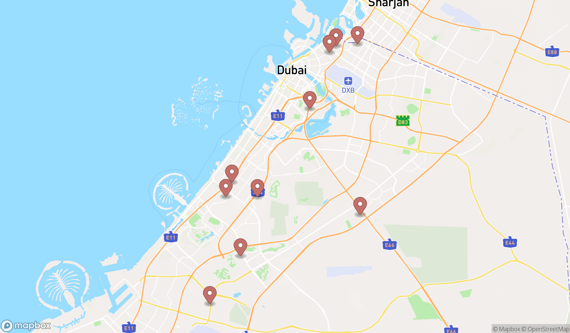 Map showing the ranked table tennis facilities in Dubai, Dubai