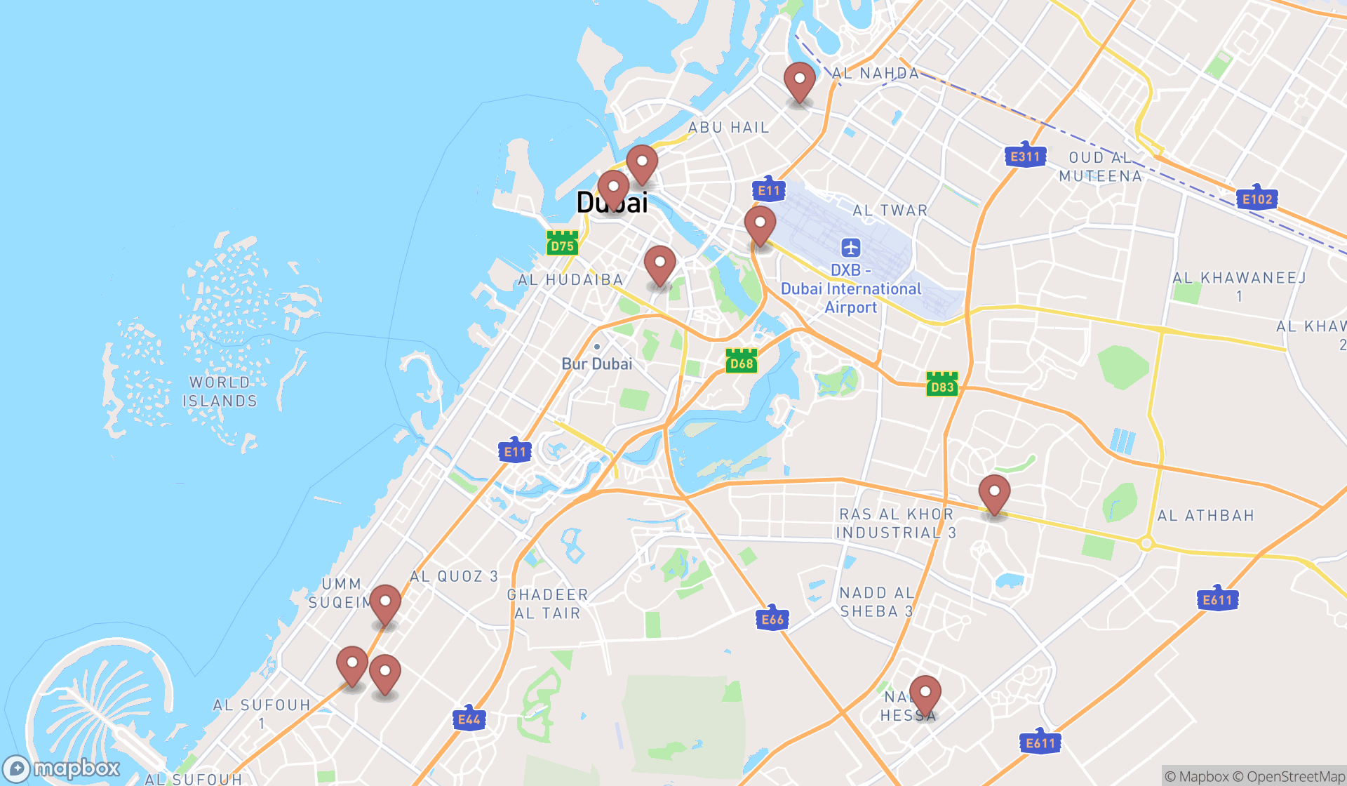 Map showing the ranked table tennis supply stores in Dubai, Dubai
