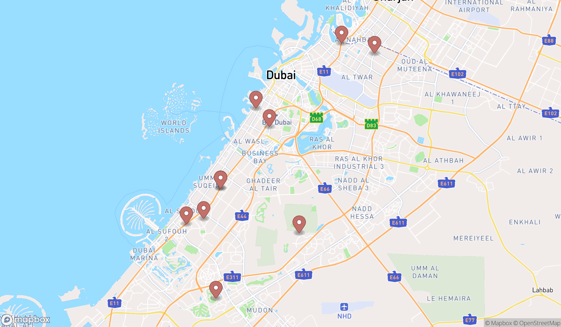 Map showing the ranked taekwondo schools in Dubai, Dubai