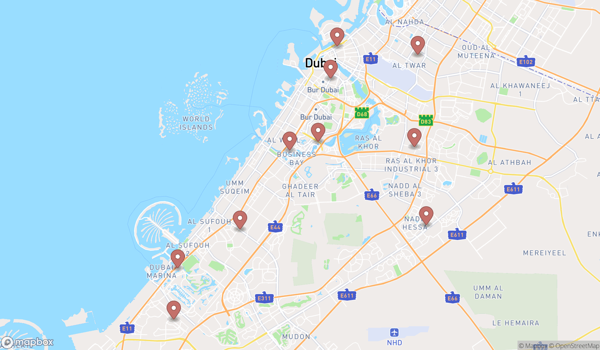 Map showing the ranked takeout restaurants in Dubai, Dubai
