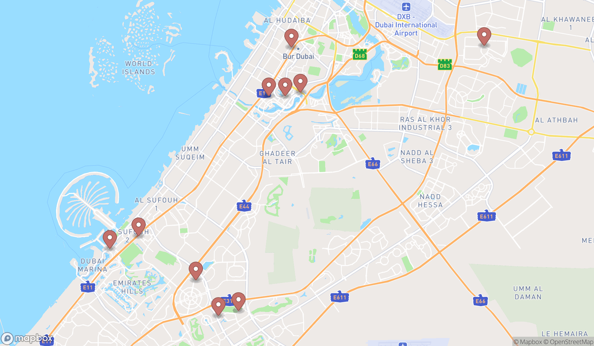 Map showing the ranked tanning salons in Dubai, Dubai