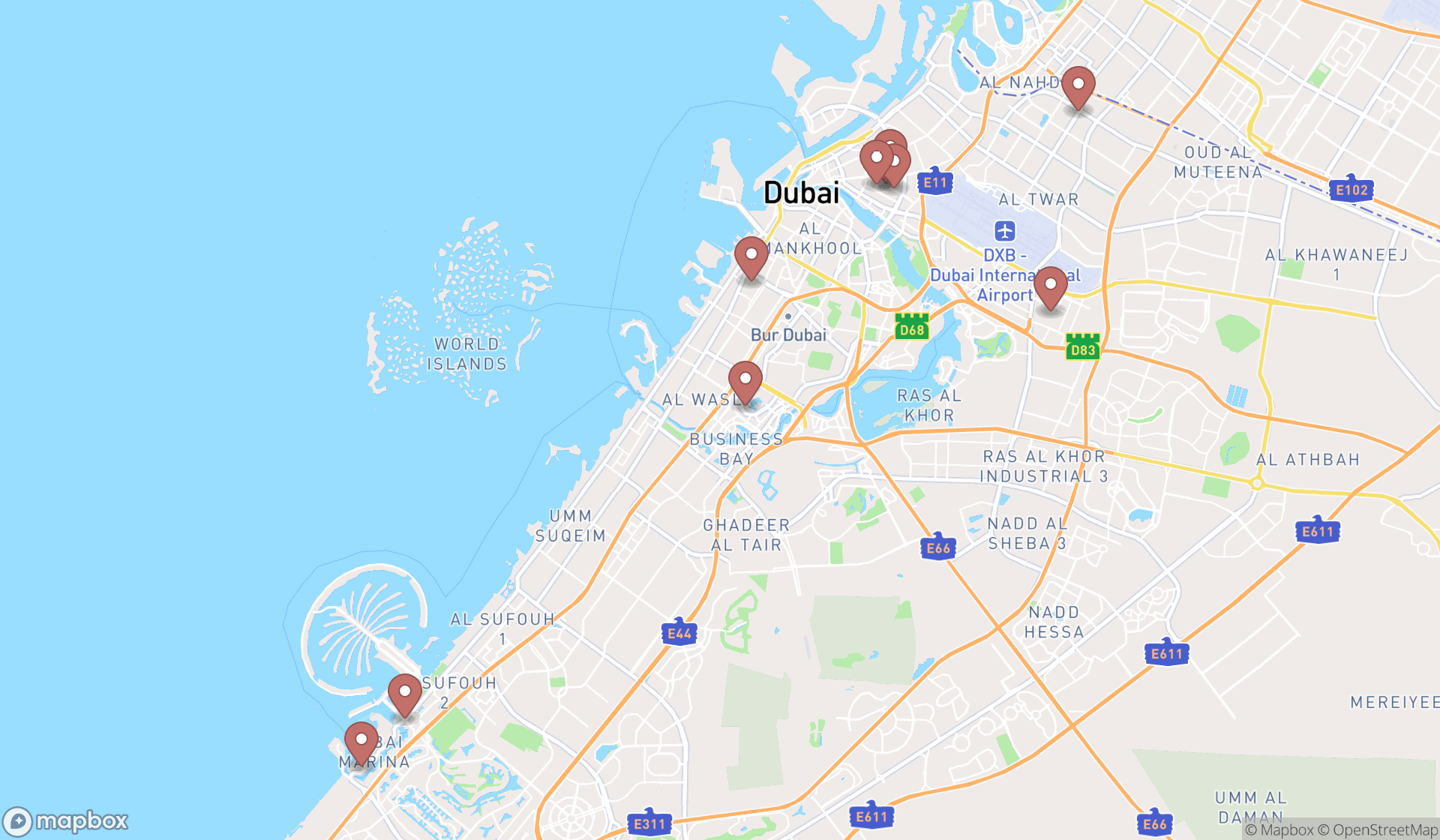 Map showing the ranked tattoo shops in Dubai, Dubai