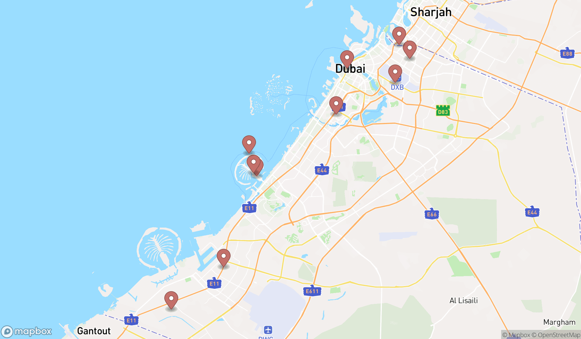 Map showing the ranked taxi stands in Dubai, Dubai