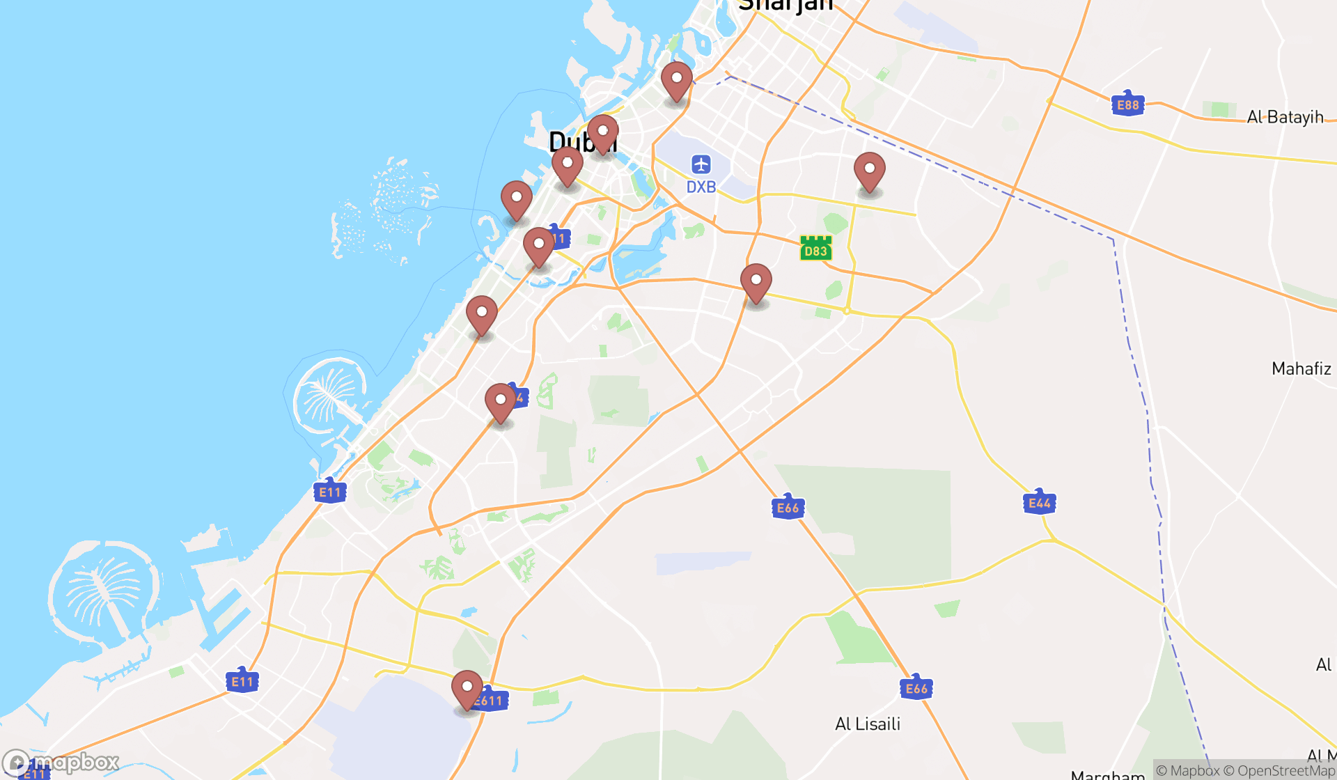 Map showing the ranked tea houses in Dubai, Dubai