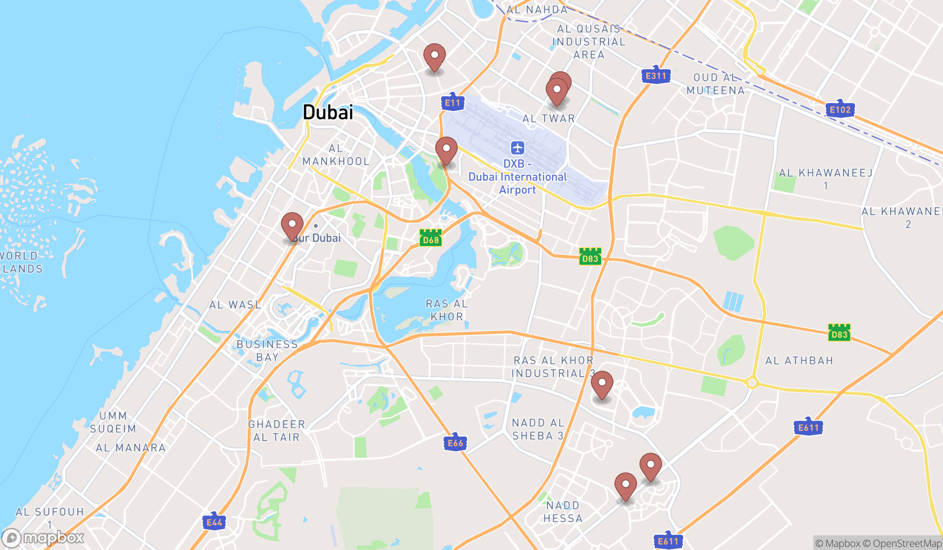 Map showing the ranked technical universities in Dubai, Dubai