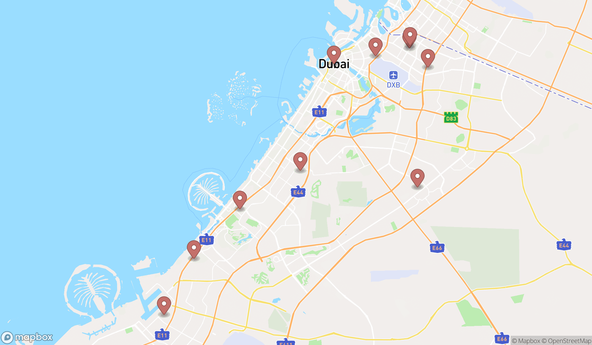Map showing the ranked telecommunications contractors in Dubai, Dubai