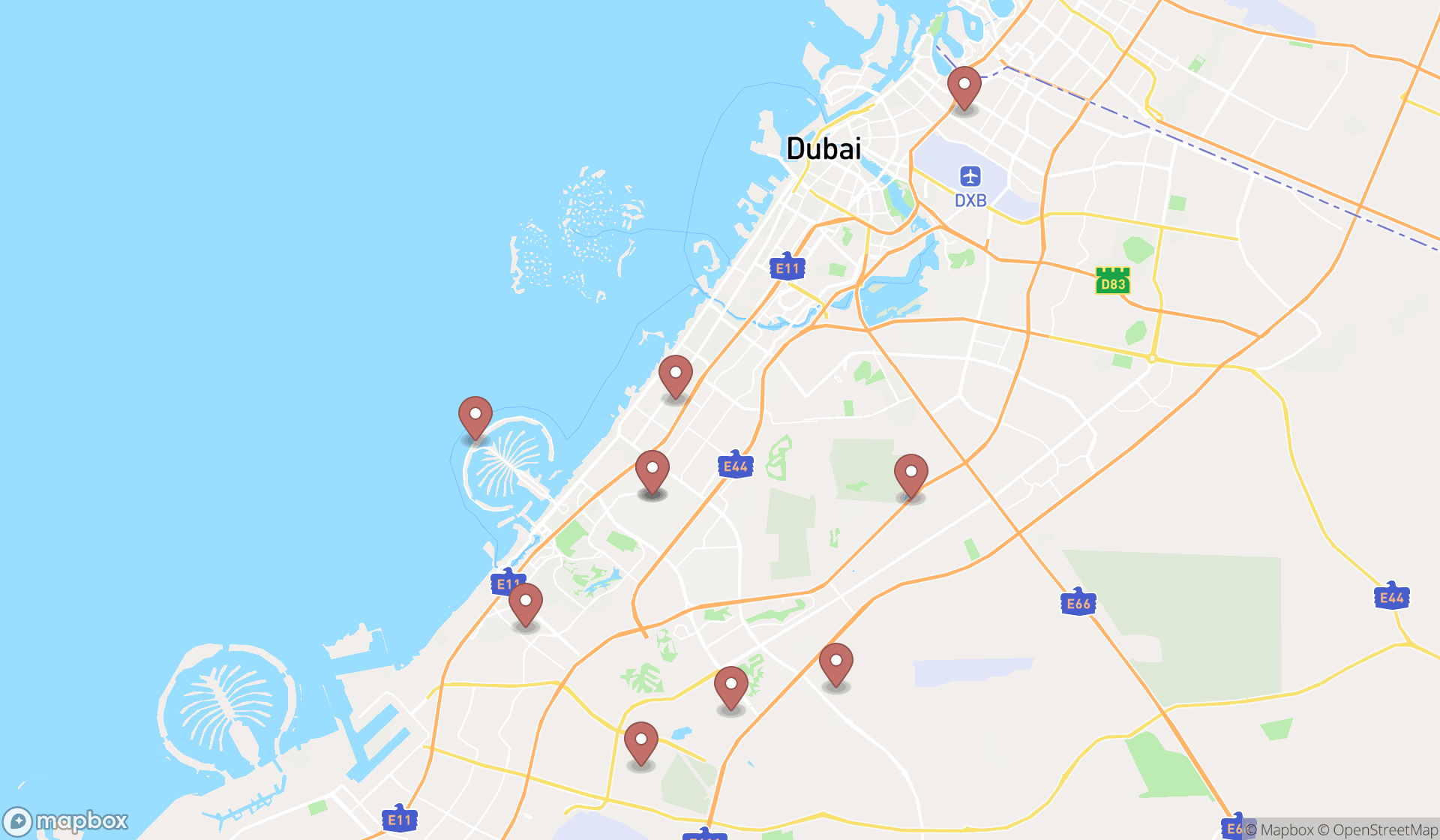 Map showing the ranked tennis courts in Dubai, Dubai