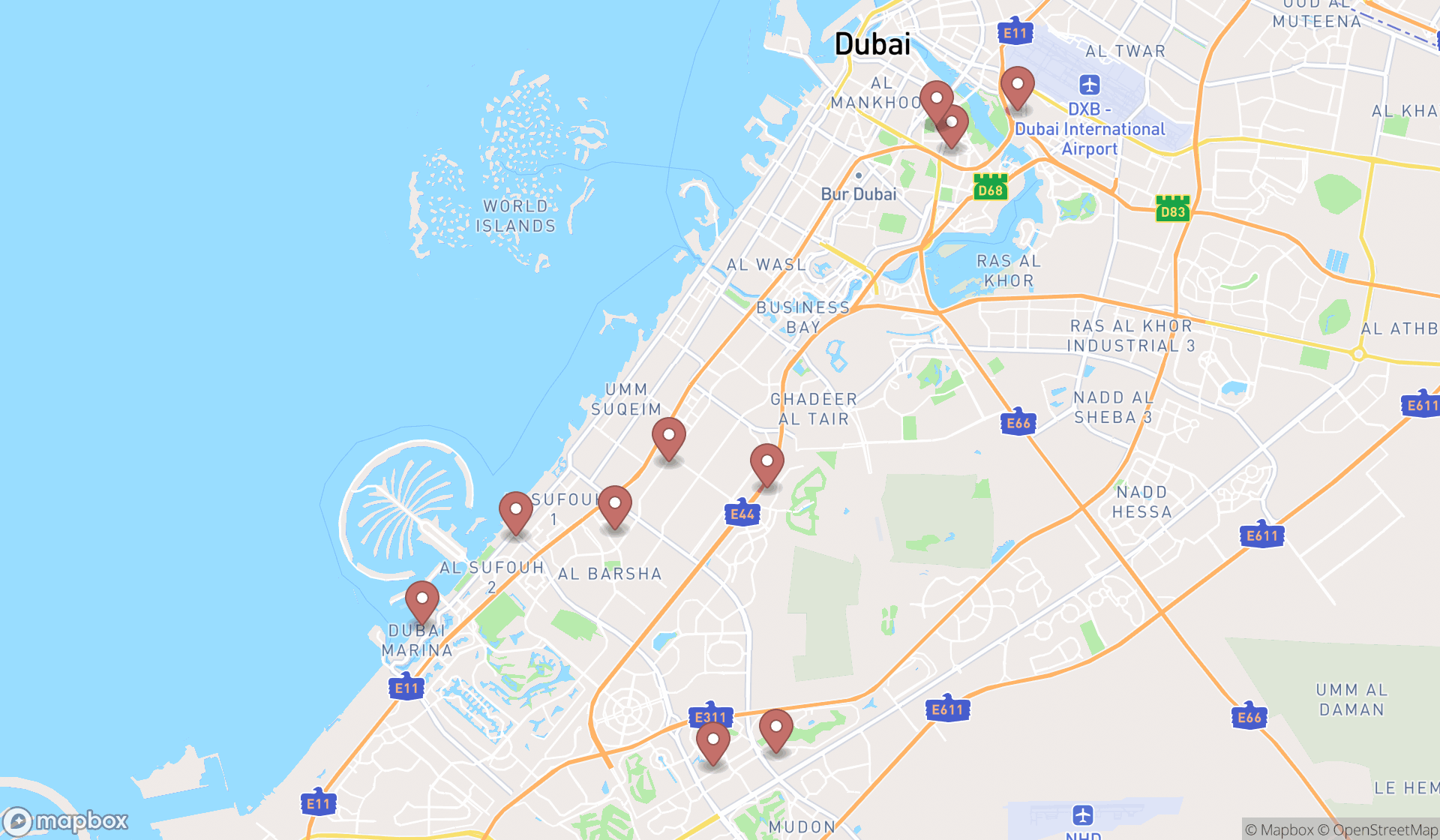 Map showing the ranked tennis instructors in Dubai, Dubai