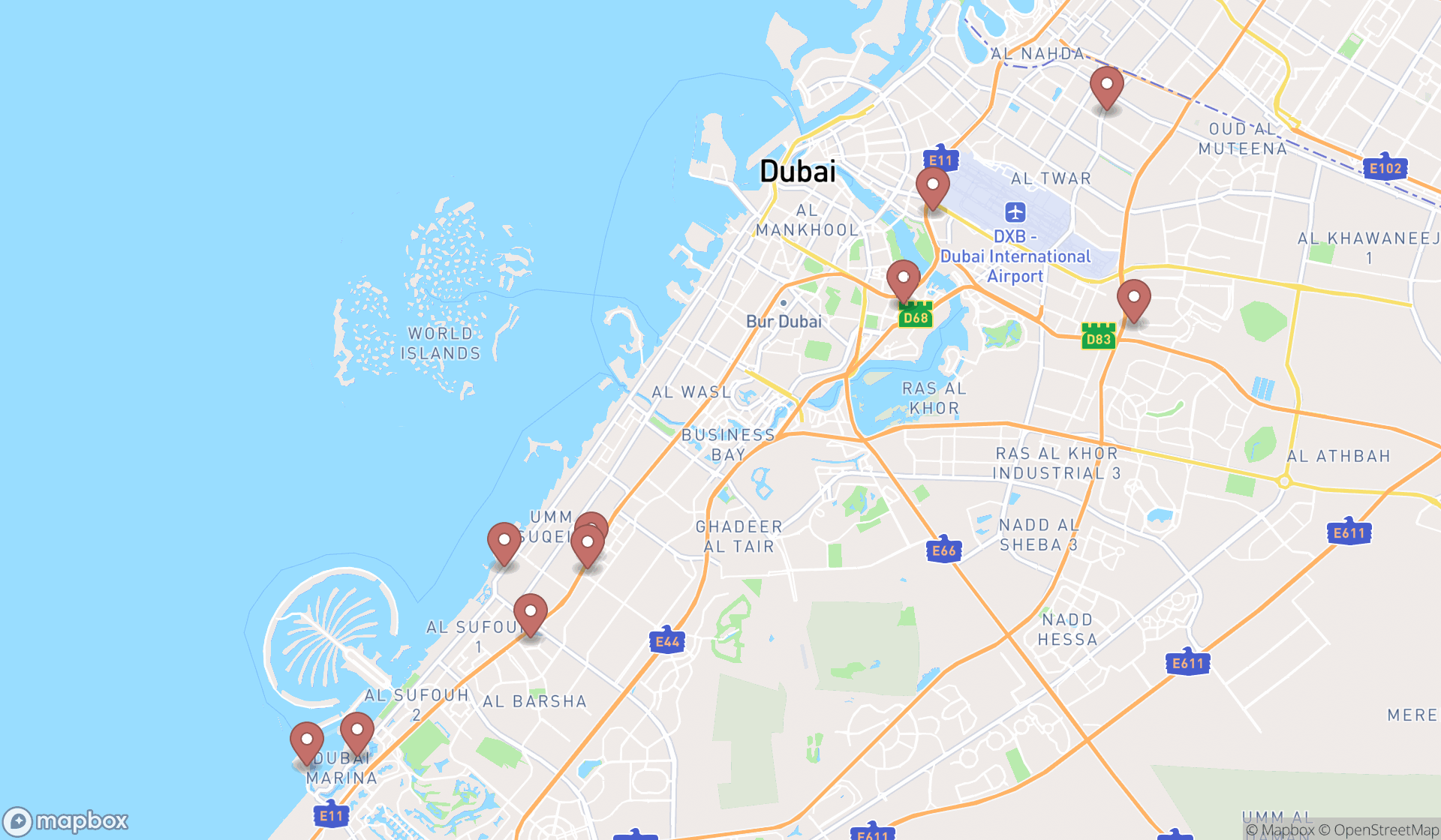 Map showing the ranked tennis stores in Dubai, Dubai