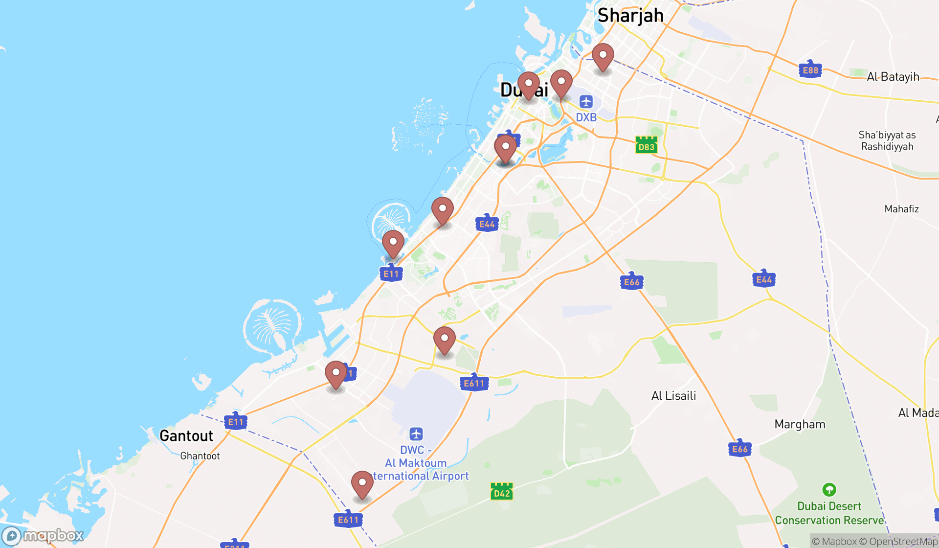 Map showing the ranked tent rental services in Dubai, Dubai