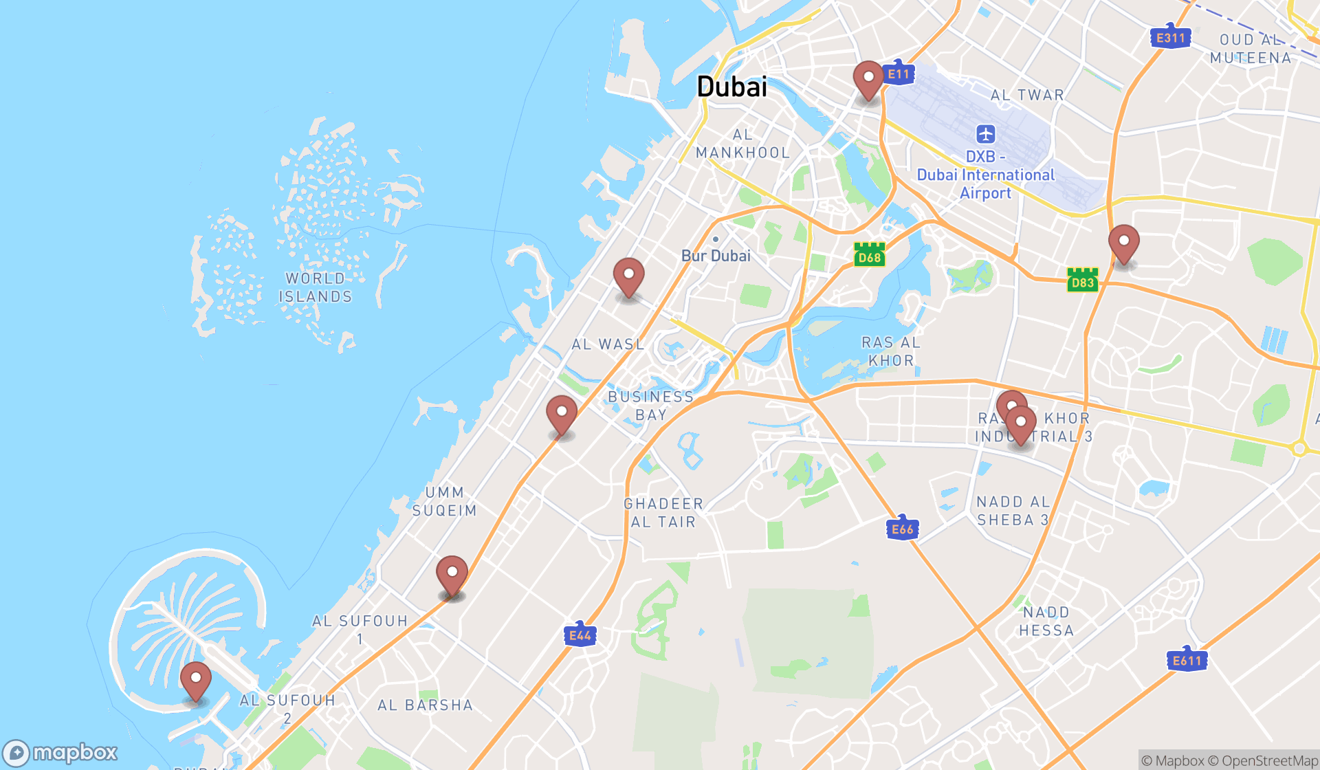 Map showing the ranked tesla showrooms in Dubai, Dubai