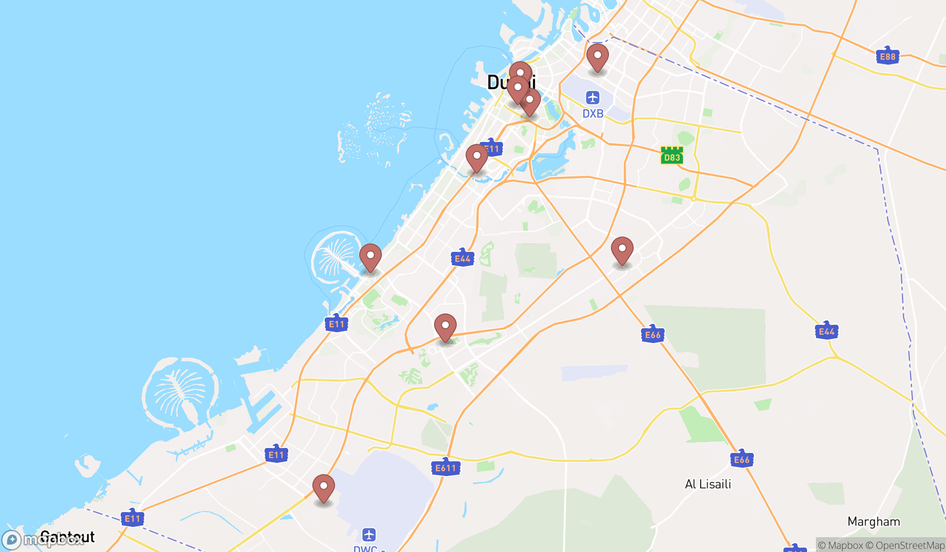 Map showing the ranked test preparation centers in Dubai, Dubai