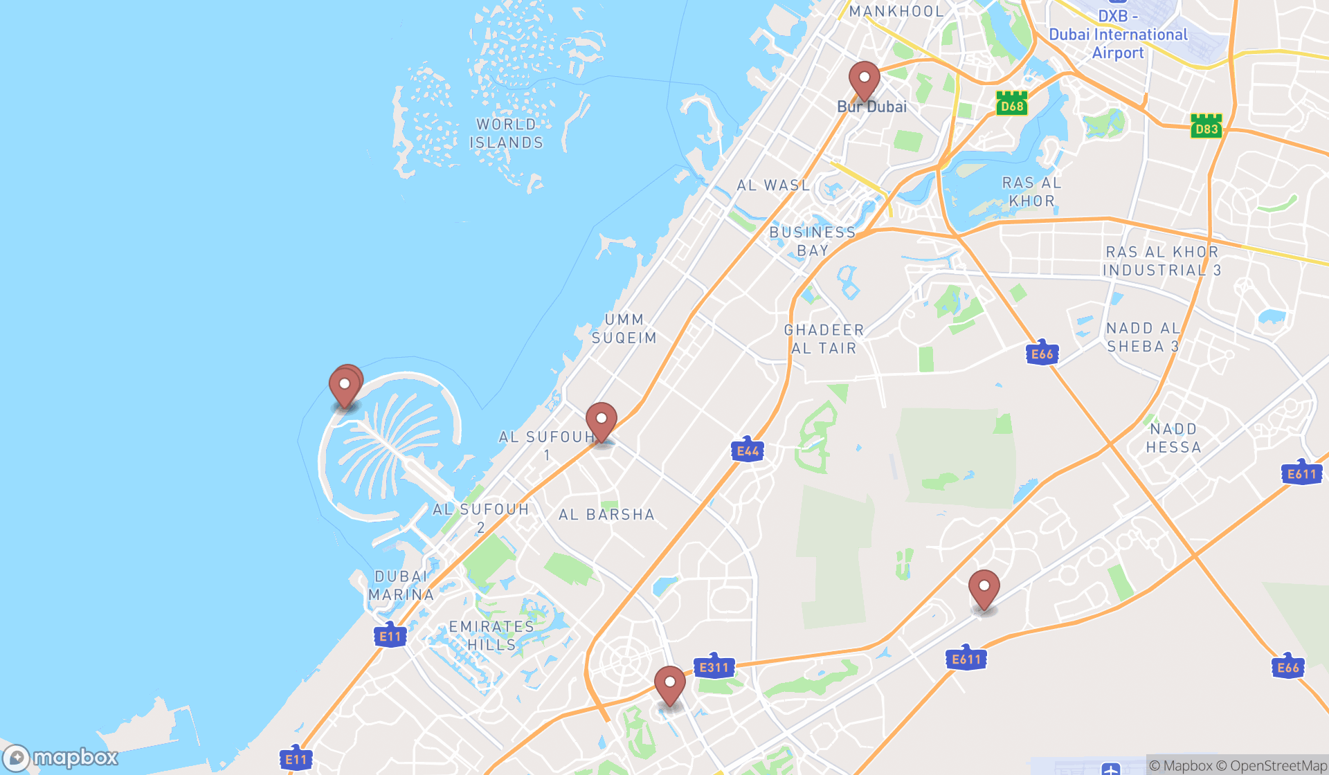 Map showing the ranked tex-mex restaurants in Dubai, Dubai