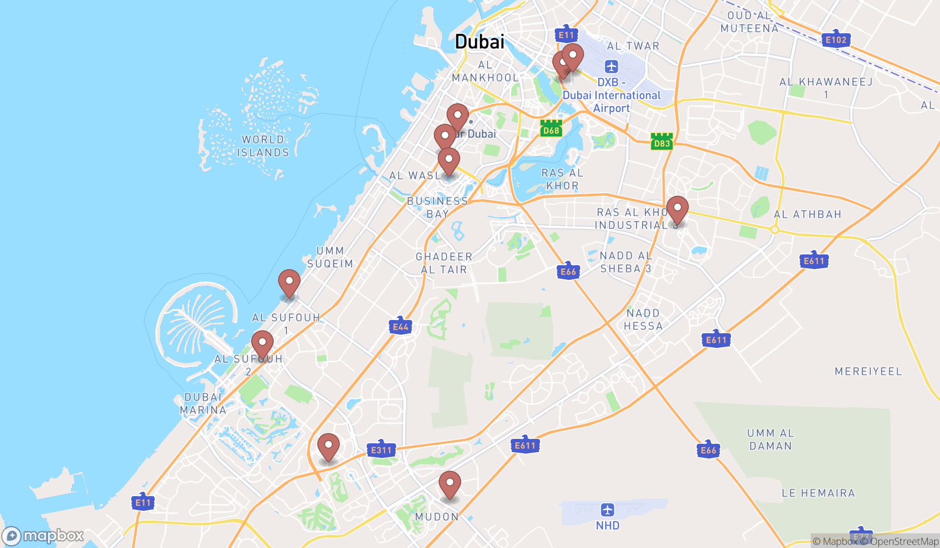 Map showing the ranked thai restaurants in Dubai, Dubai