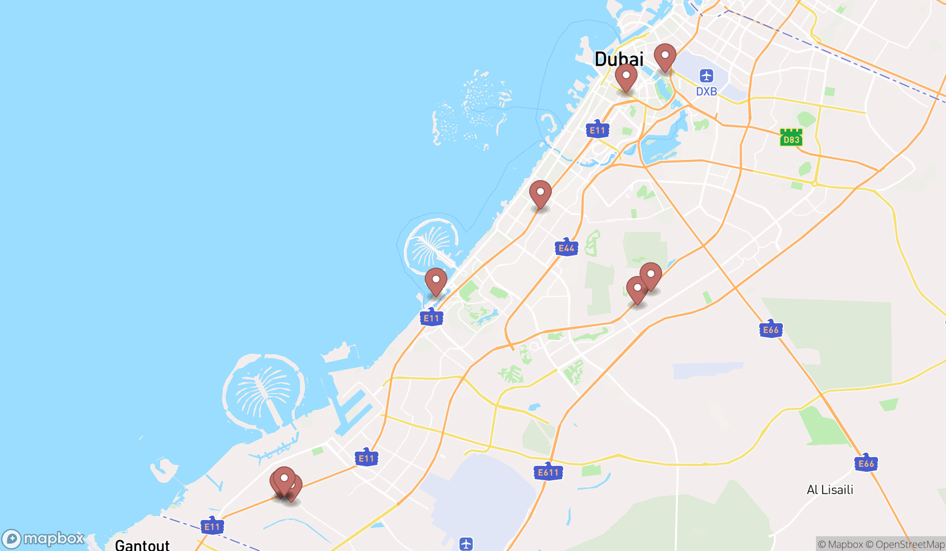Map showing the ranked theme parks in Dubai, Dubai