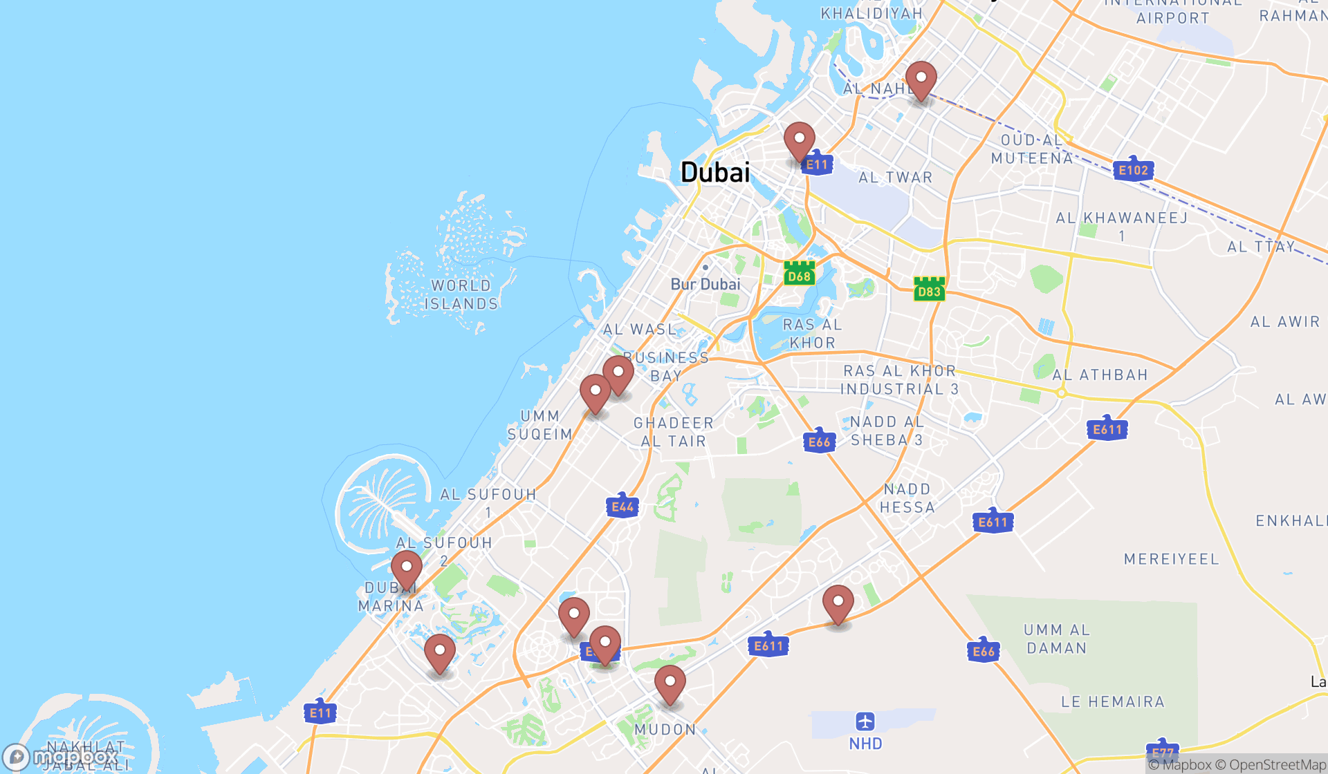 Map showing the ranked tire repair shops in Dubai, Dubai