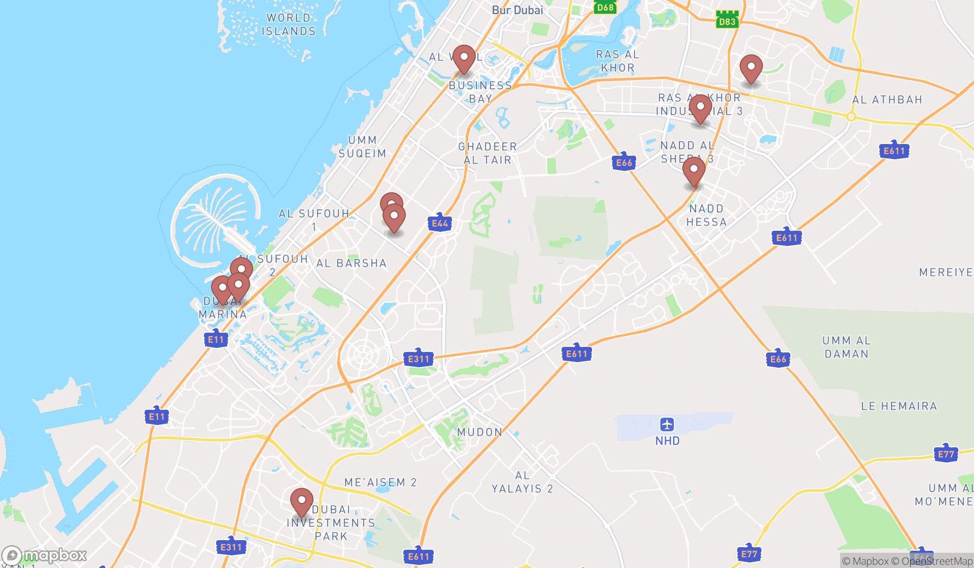 Map showing the ranked tire services in Dubai, Dubai