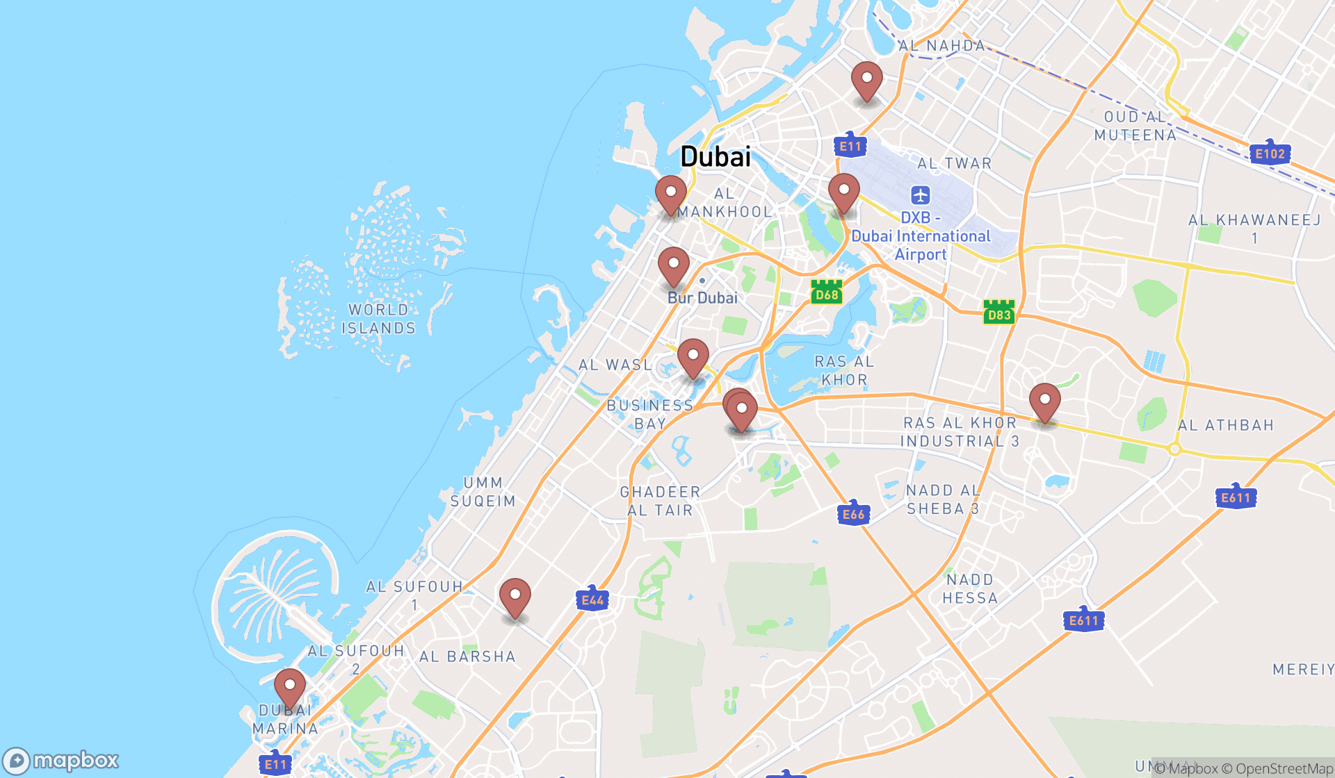Map showing the ranked tobacco shops in Dubai, Dubai