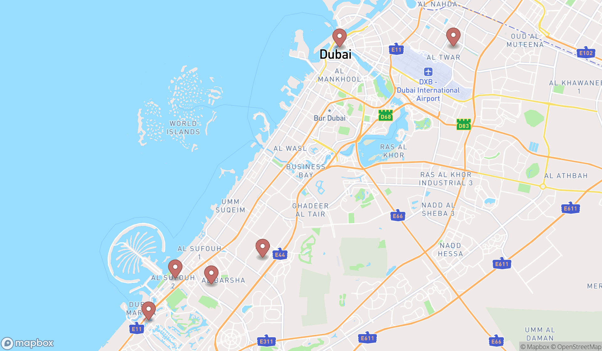 Map showing the ranked towing equipment providers in Dubai, Dubai