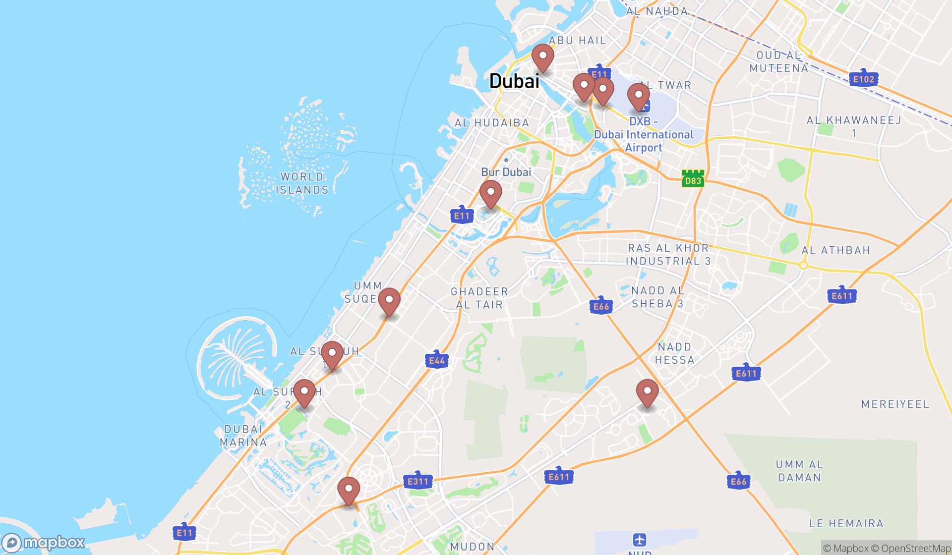 Map showing the ranked toy stores in Dubai, Dubai