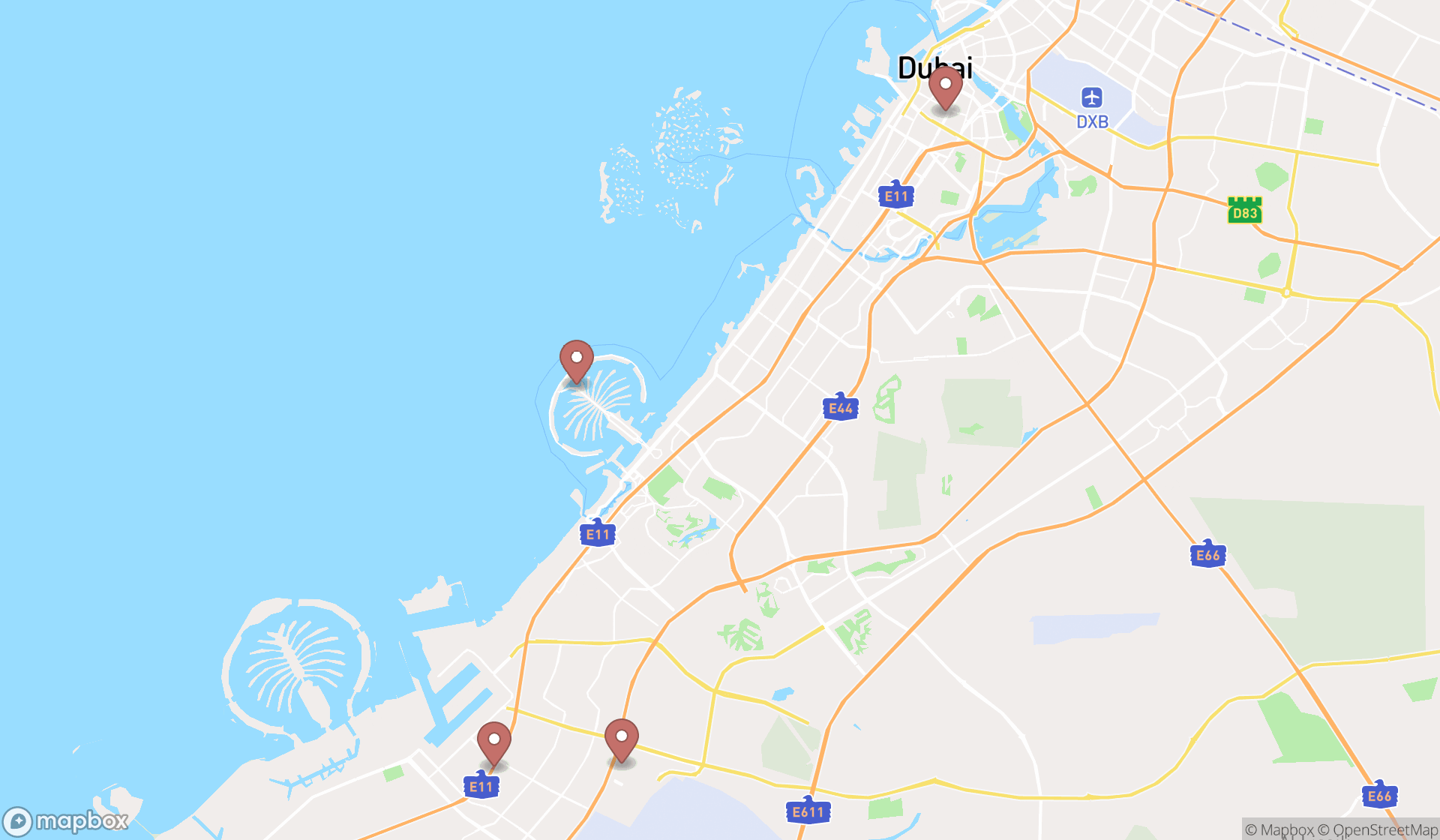 Map showing the ranked train depots in Dubai, Dubai