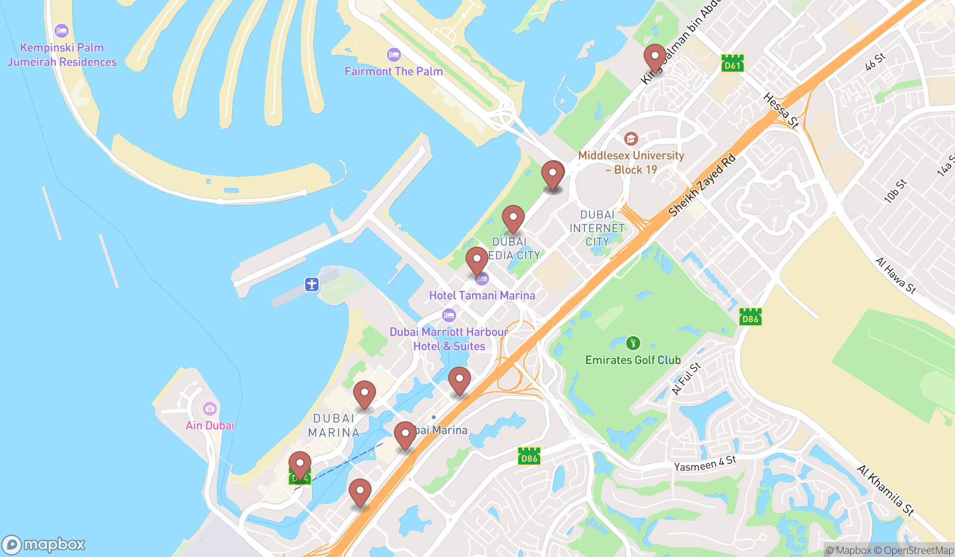 Map showing the ranked tram stops in Dubai, Dubai