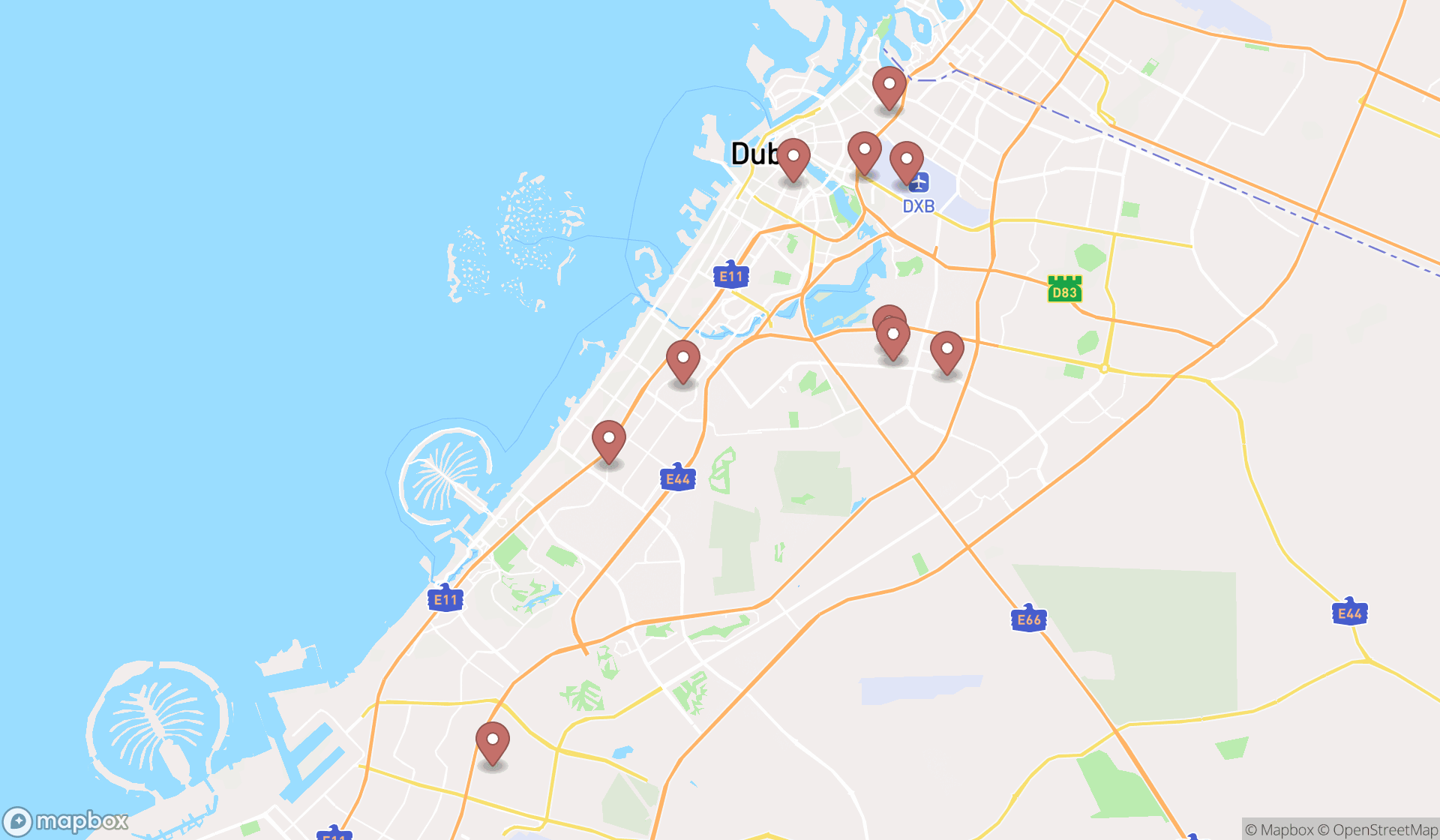 Map showing the ranked transportation escort services in Dubai, Dubai