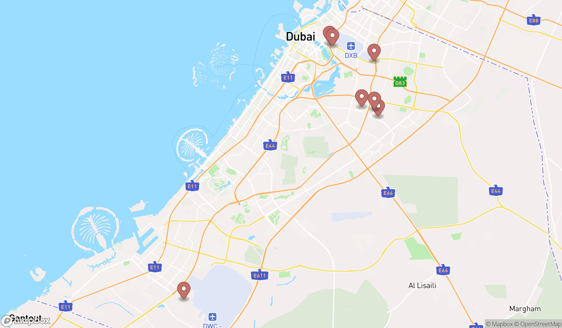 Map showing the ranked transportation infrastructures in Dubai, Dubai