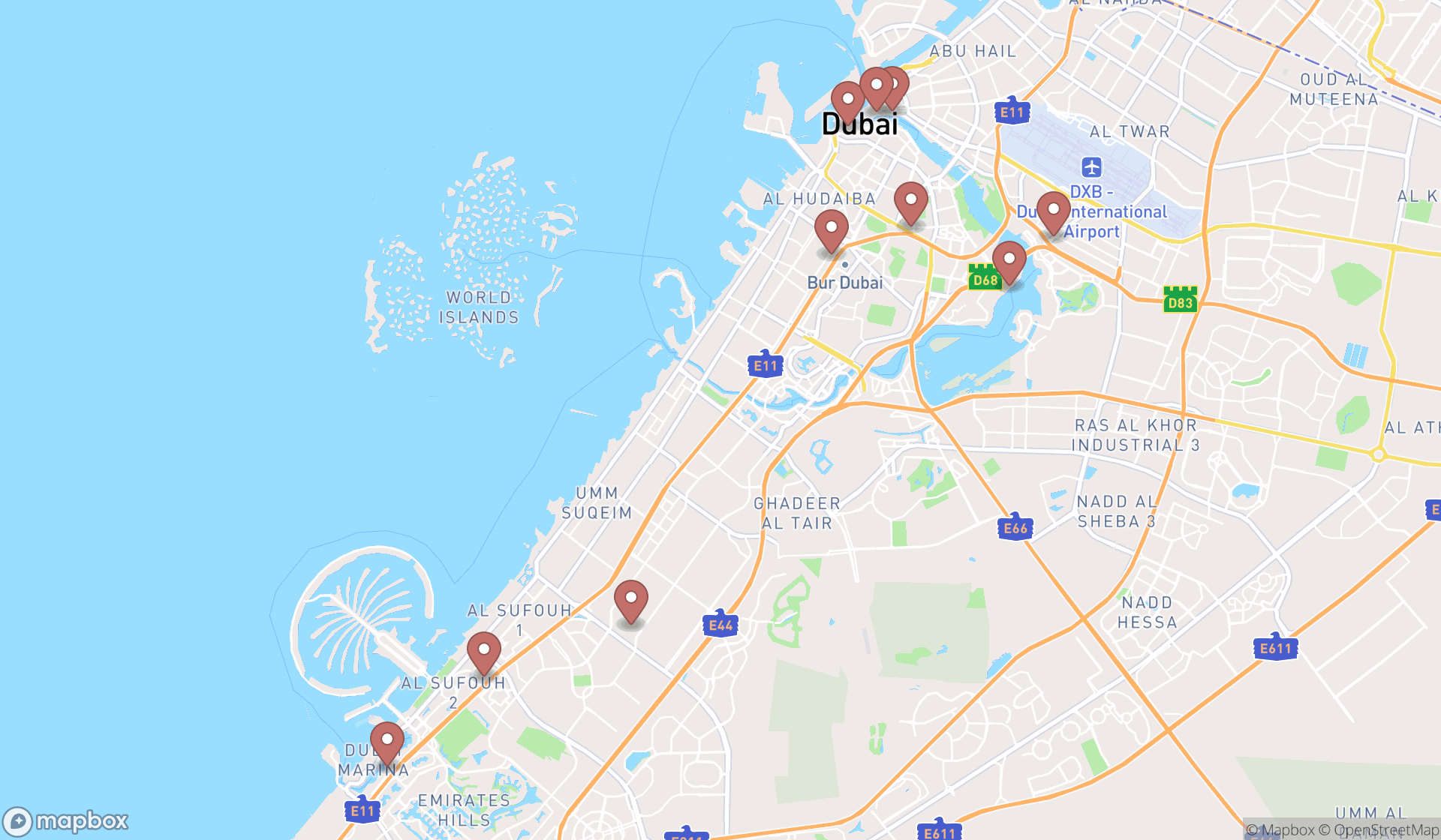 Map showing the ranked transportation services in Dubai, Dubai