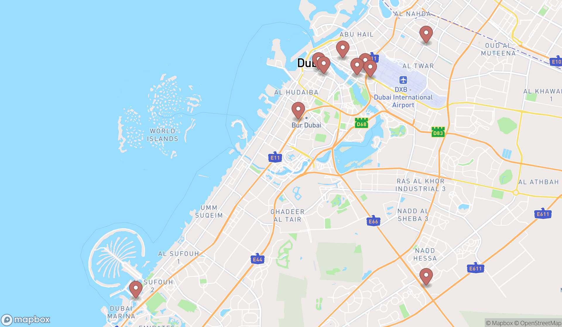 Map showing the ranked travel agencies in Dubai, Dubai